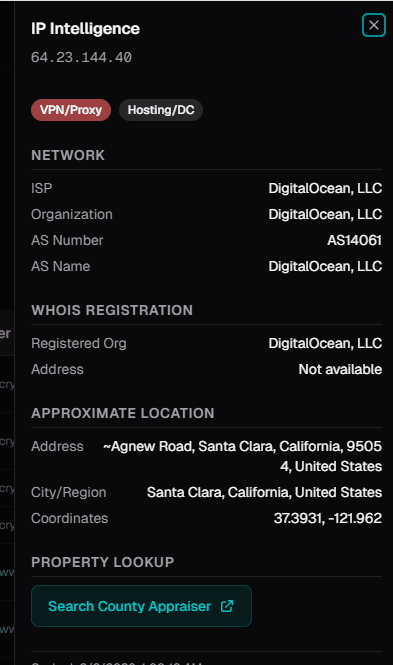 IP OSINT panel showing a DigitalOcean IP flagged as VPN/Proxy and Hosting/DC, with network, WHOIS, and location data