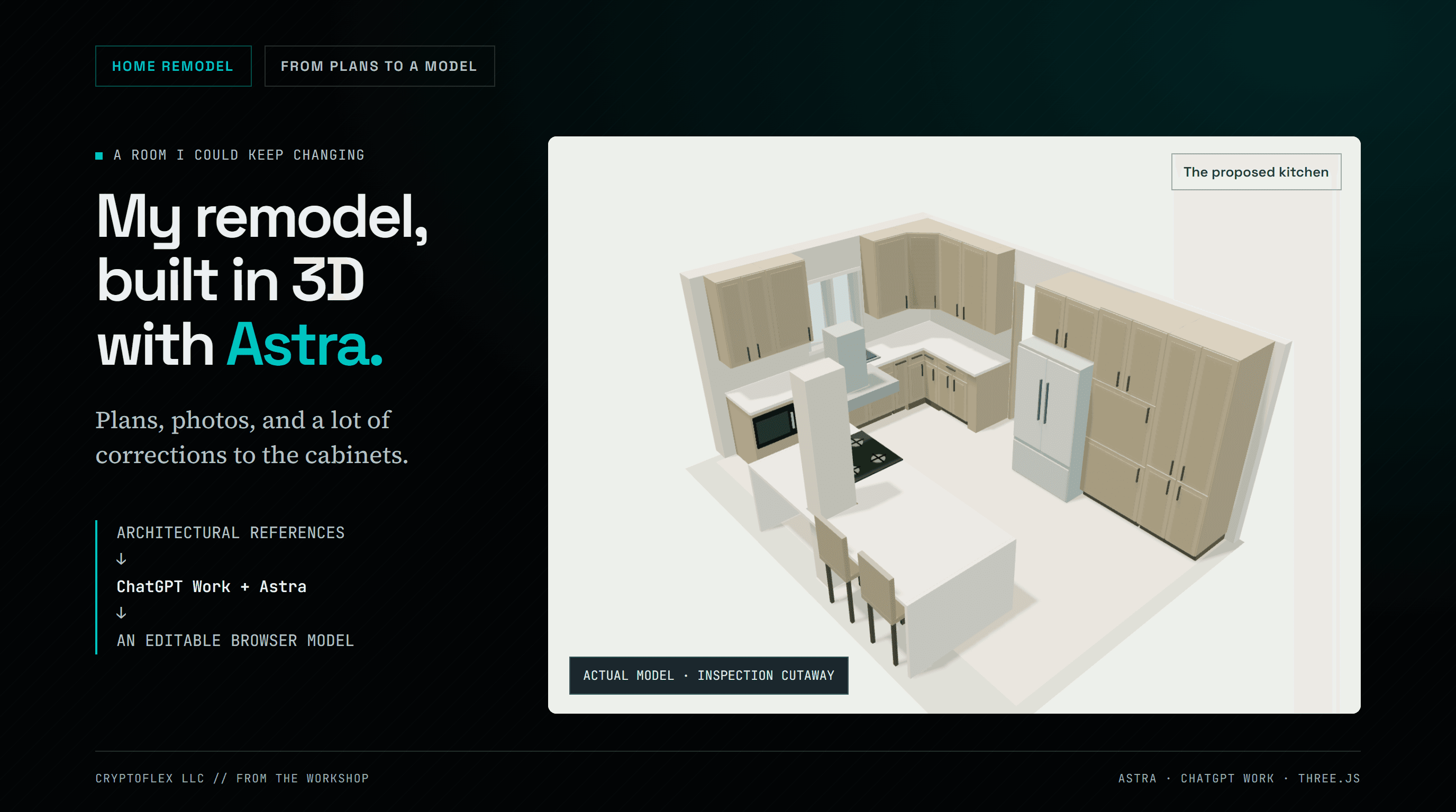 An isolated kitchen model fills the right side of the cover. The title and a flow from plans and photos through Astra to an editable model appear on the left.