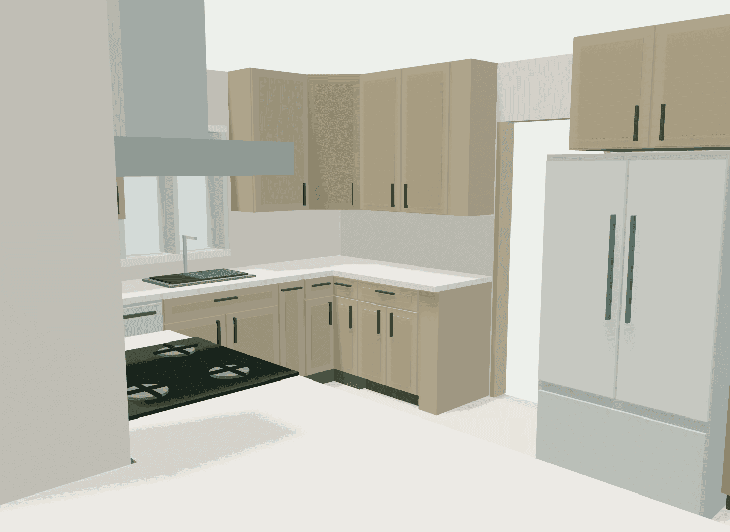 Kitchen model viewed from near counter height, showing the relationship between the cooking area and cabinetry