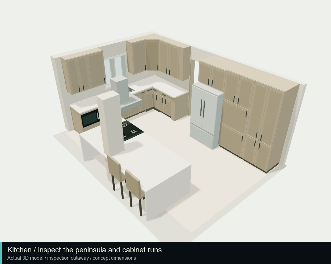 Animated rotation around the cropped kitchen model, revealing the peninsula and cabinetry from several angles