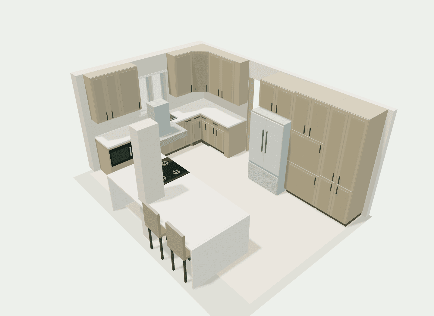 Elevated view of the modeled kitchen, with the peninsula, cabinetry, and adjacent renovation space visible