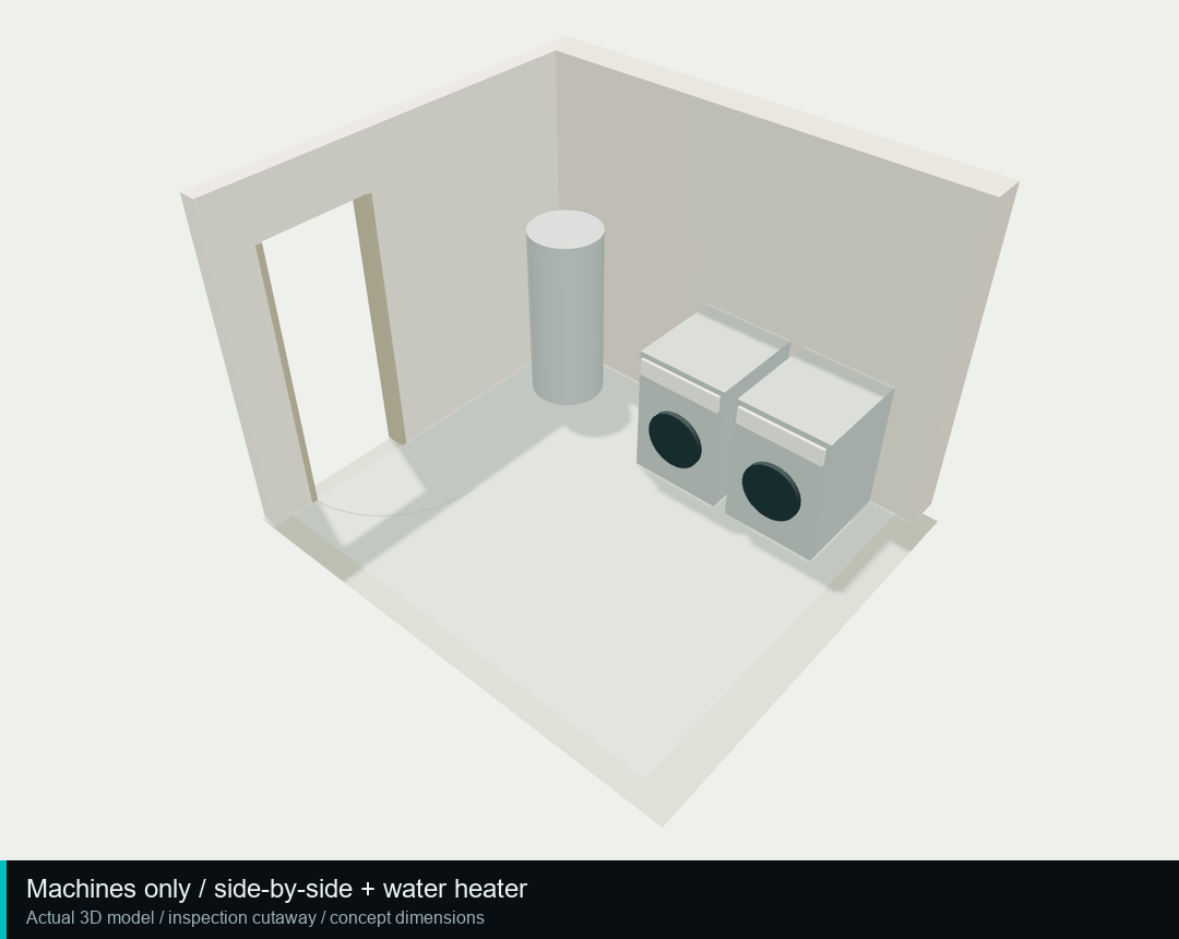 Animation comparing the laundry room's modeled arrangements while keeping the room and water heater consistent