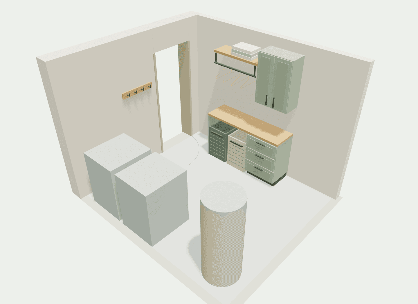 Laundry model showing the backs of the side-by-side machines and an opposite-wall folding counter with sorting baskets below and a hanging rail above