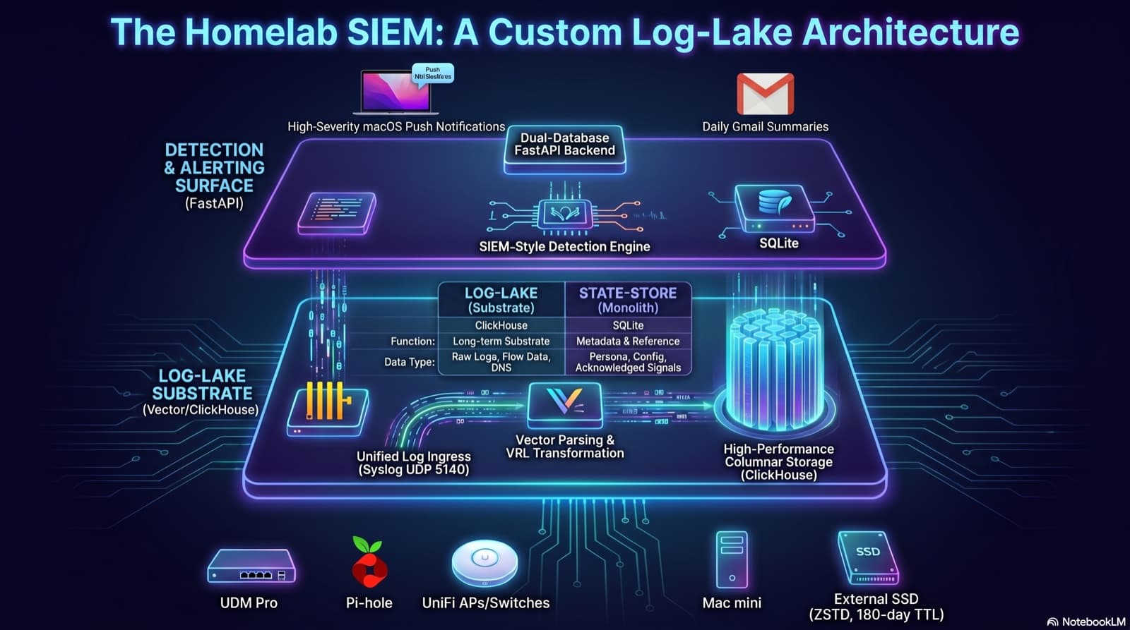 Custom homelab SIEM architecture: UDP syslog from the UDM Pro, Pi-hole, access points, and switches into Vector on a Mac mini, parsed and written to ClickHouse on an external SSD with 180-day retention, with SQLite kept for reference and ack data.