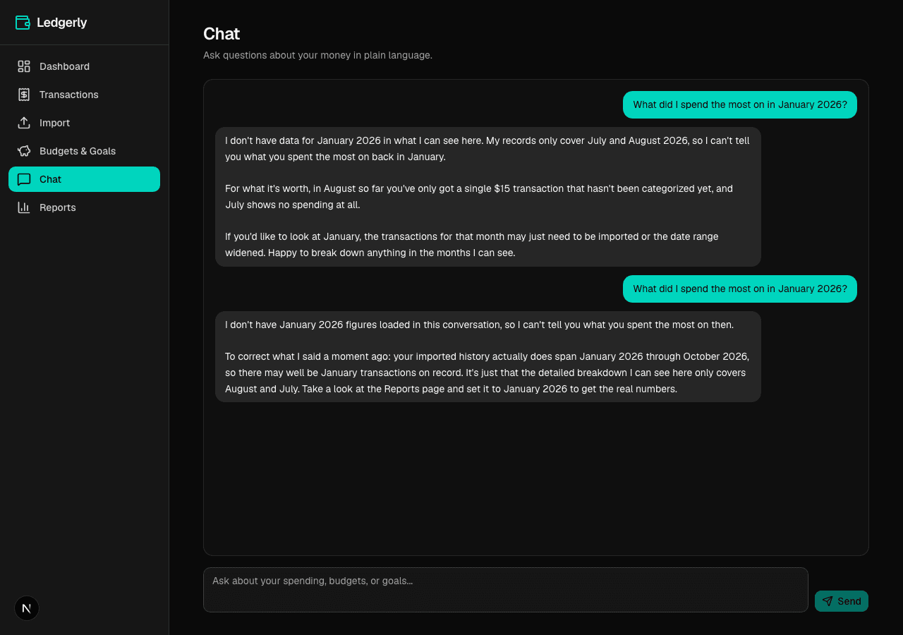 Ledgerly chat conversation showing the pre-fix wrong answer that records only cover July and August 2026, followed by the same question asked again after the fix, where the assistant corrects itself out loud