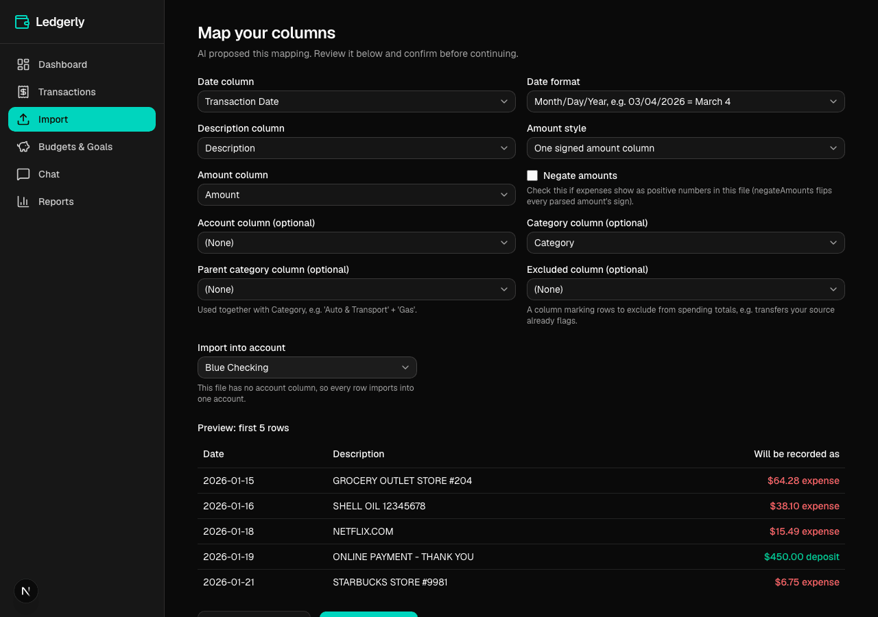 Ledgerly AI column-mapping screen with live-mapped preview rows showing expense and deposit sign previews