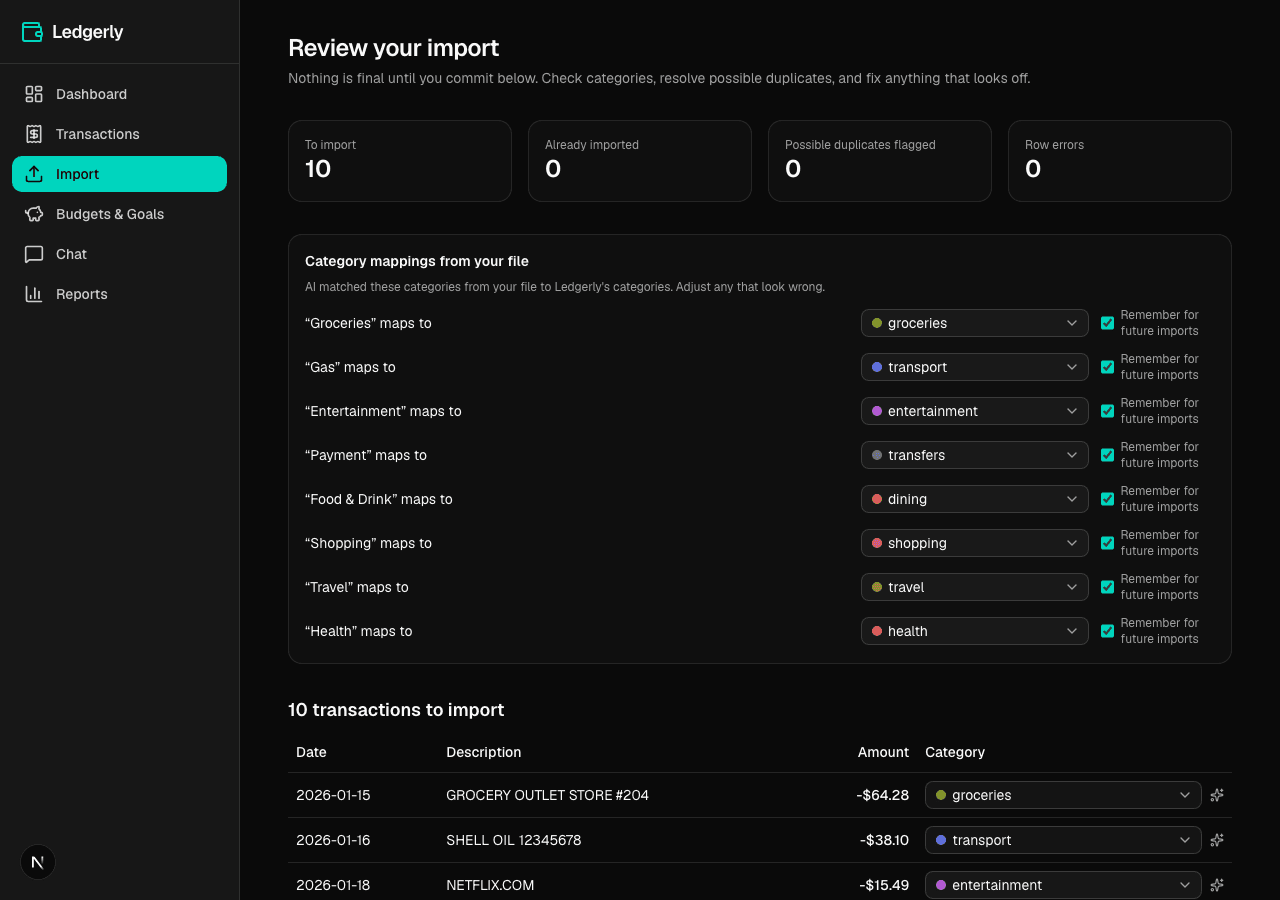 Ledgerly import review screen with category mappings from the file matched by AI, Remember checkboxes, and ten transactions with per-row category dropdowns
