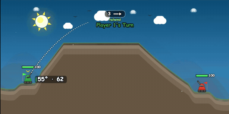 Animated GIF of a Big Bertha shot on the live game. The readout shows 55 degrees and power 62 with a tailwind, the shell arcs over a plateau and hits the CPU tank directly, with an impact flash ring, a fireball, BULLSEYE and KA-BOOM pops and a -55 damage number.