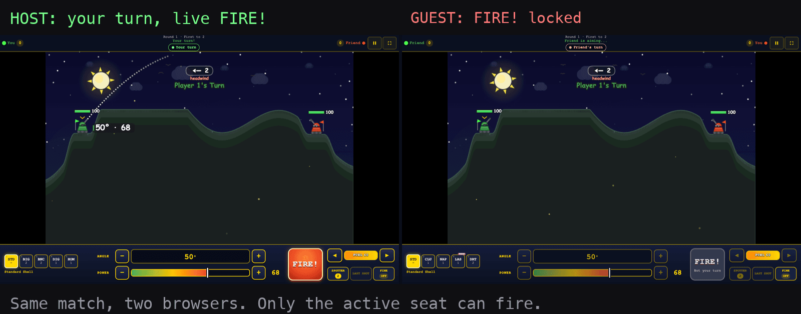 Two browser views of the same online match side by side. The host sees a Your turn pill, an aim guide and a live FIRE button. The guest sees Friend is aiming and a disabled FIRE button reading Not your turn.