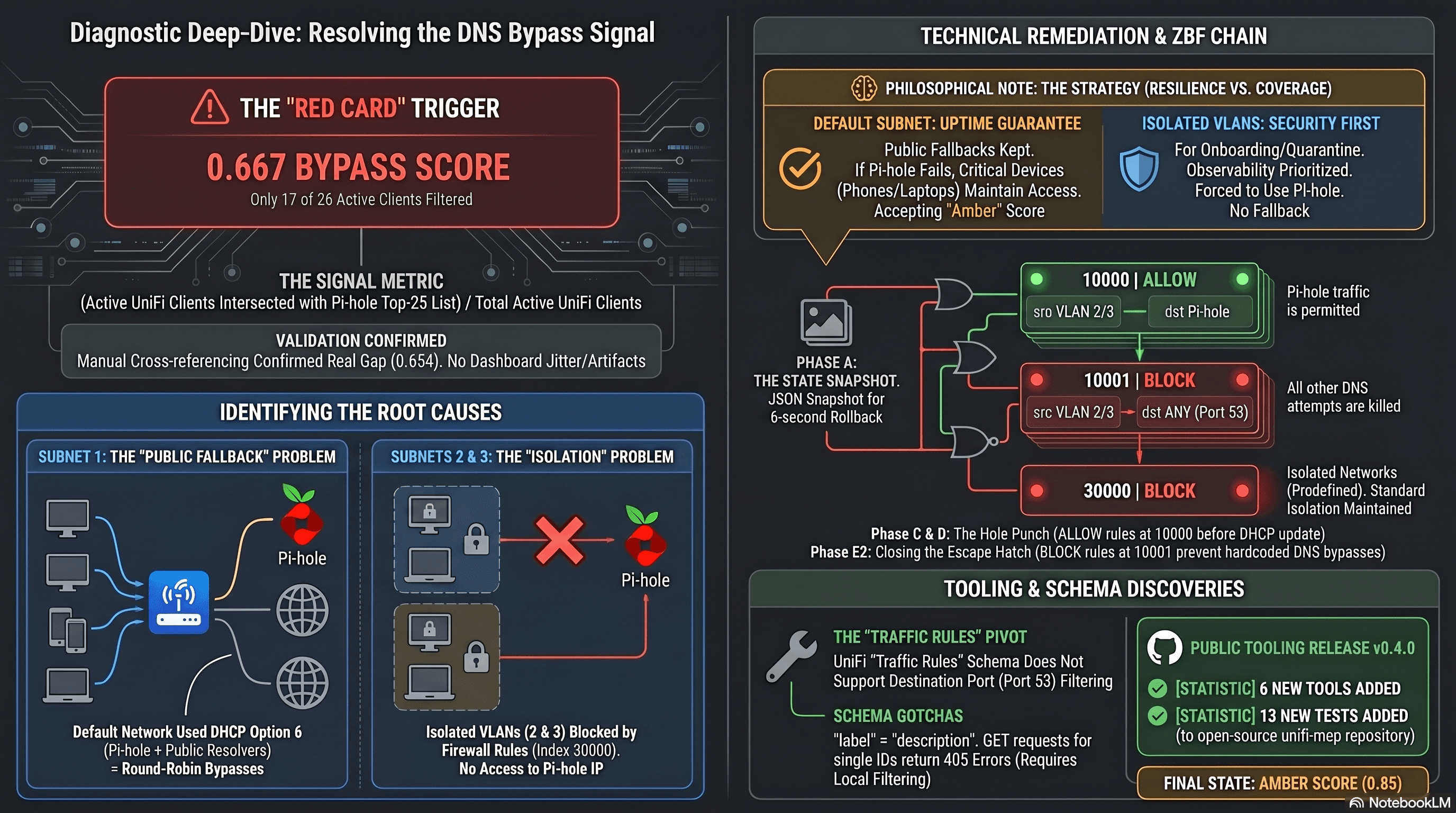 Diagnostic deep-dive infographic: 0.667 bypass score from 17 of 26 active clients, two root causes (Default subnet public fallback, isolated VLANs blocked from Pi-hole), the ZBF policy chain at indices 10000 ALLOW, 10001 BLOCK, and 30000 Isolated Networks, plus the Traffic Rules pivot story and v0.4.0 release summary.