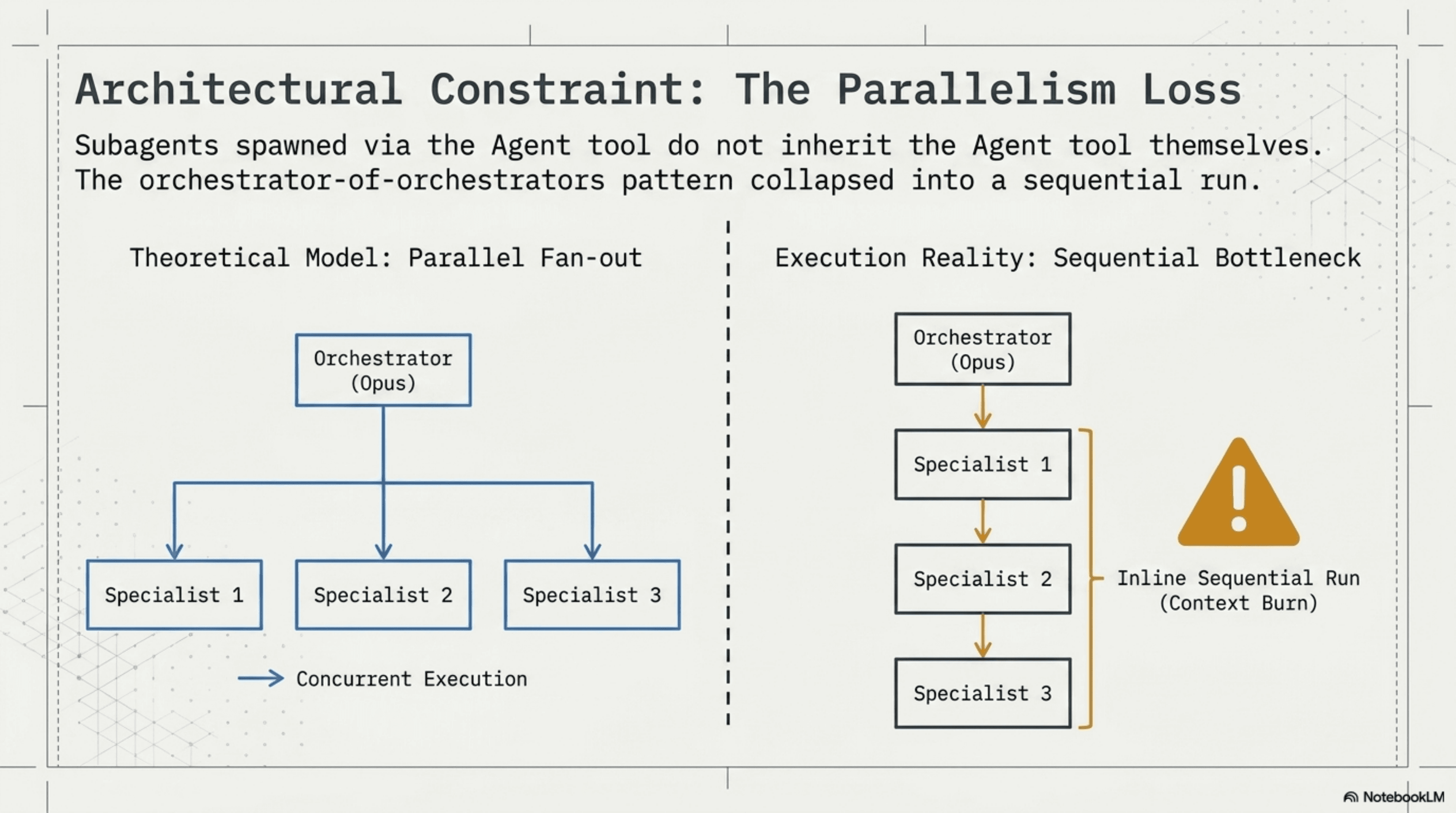 Slide contrasting the theoretical parallel fan-out model with the actual sequential bottleneck. Theoretical: the Opus orchestrator spawns three specialists concurrently. Reality: subagents spawned via the Agent tool do not inherit the Agent tool themselves, so the orchestrator runs each specialist inline one after another, burning context on every role.