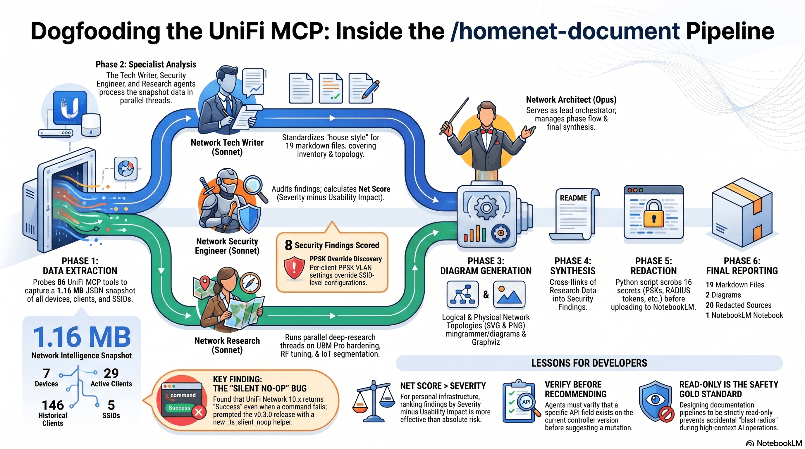 Dogfooding the UniFi MCP: the /homenet-document pipeline, 4 agents, 6 phases, one silent bug found and shipped