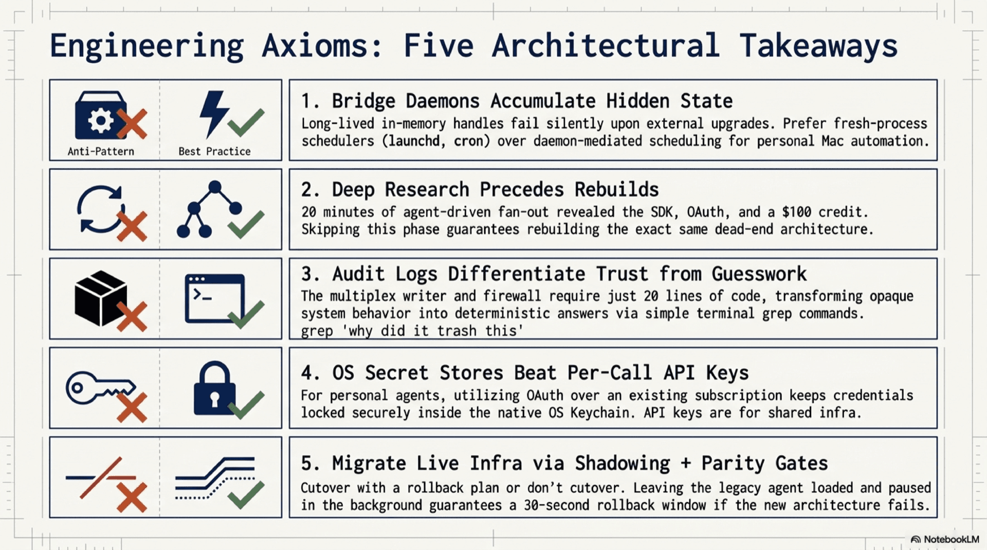 Slide titled 'Lessons learned'. Four cards laid out left to right: 1. Bridge daemons accumulate hidden state and silently fail (your scheduler should not have an in-memory CLI handle). 2. Research before rebuild (twenty minutes of agent fan-out can save a week of building the wrong thing). 3. Audit logs are the difference between an agent you trust and one you guess at (multiplex writer, body content firewall, three sinks). 4. Shadow plus parity is the cheapest insurance against a bad cutover (the gate paid for itself in run one).