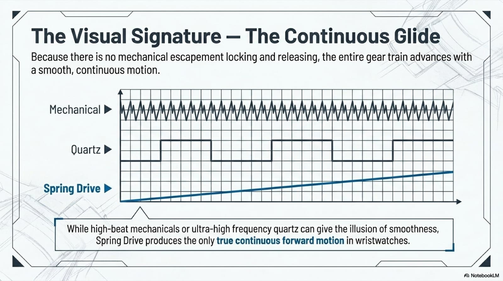 A waveform comparison of seconds-hand motion: mechanical jumps, the quartz one-second step, and Spring Drive as a single smooth diagonal line