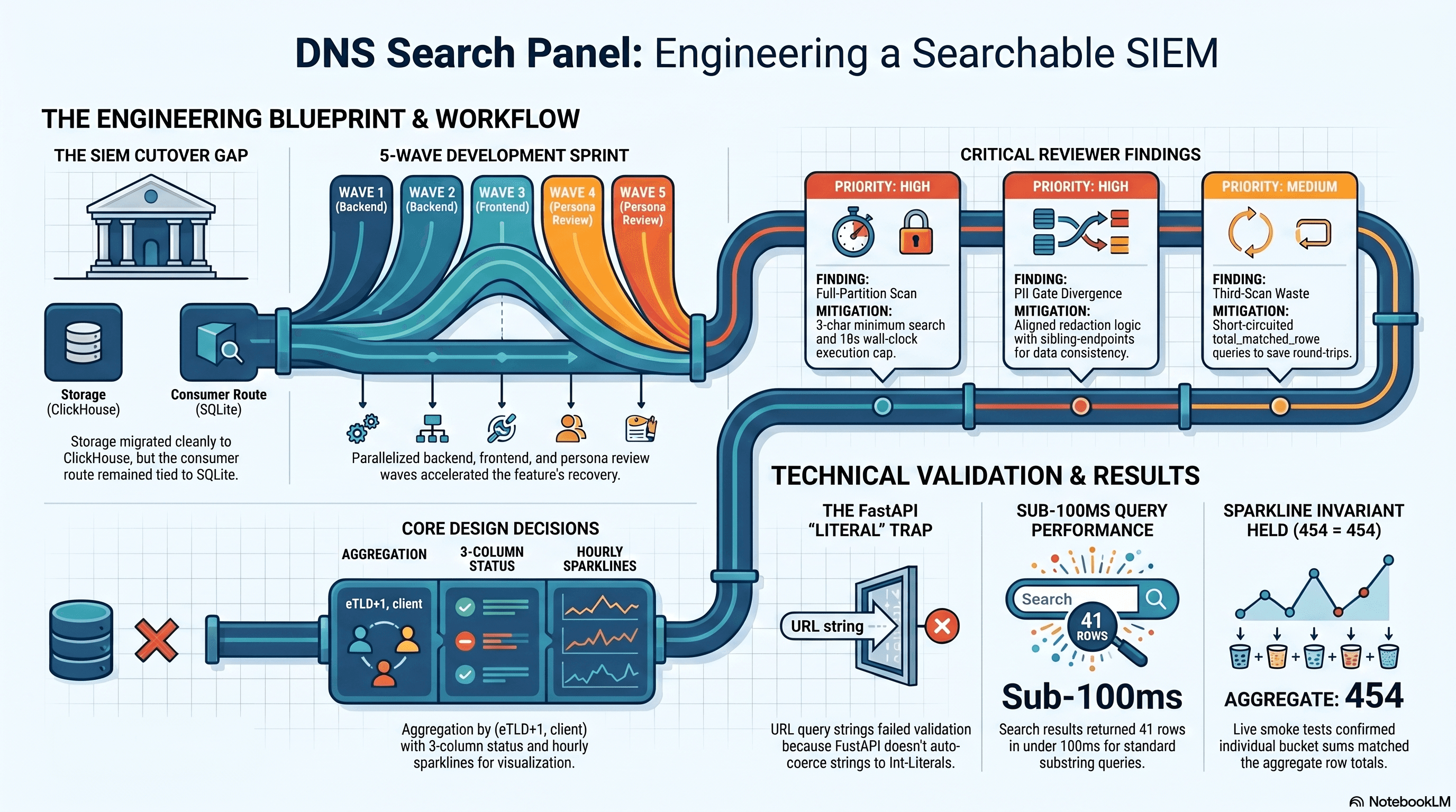Engineering a Searchable SIEM Dashboard, branded NotebookLM infographic summarizing the DNS Search Panel build session