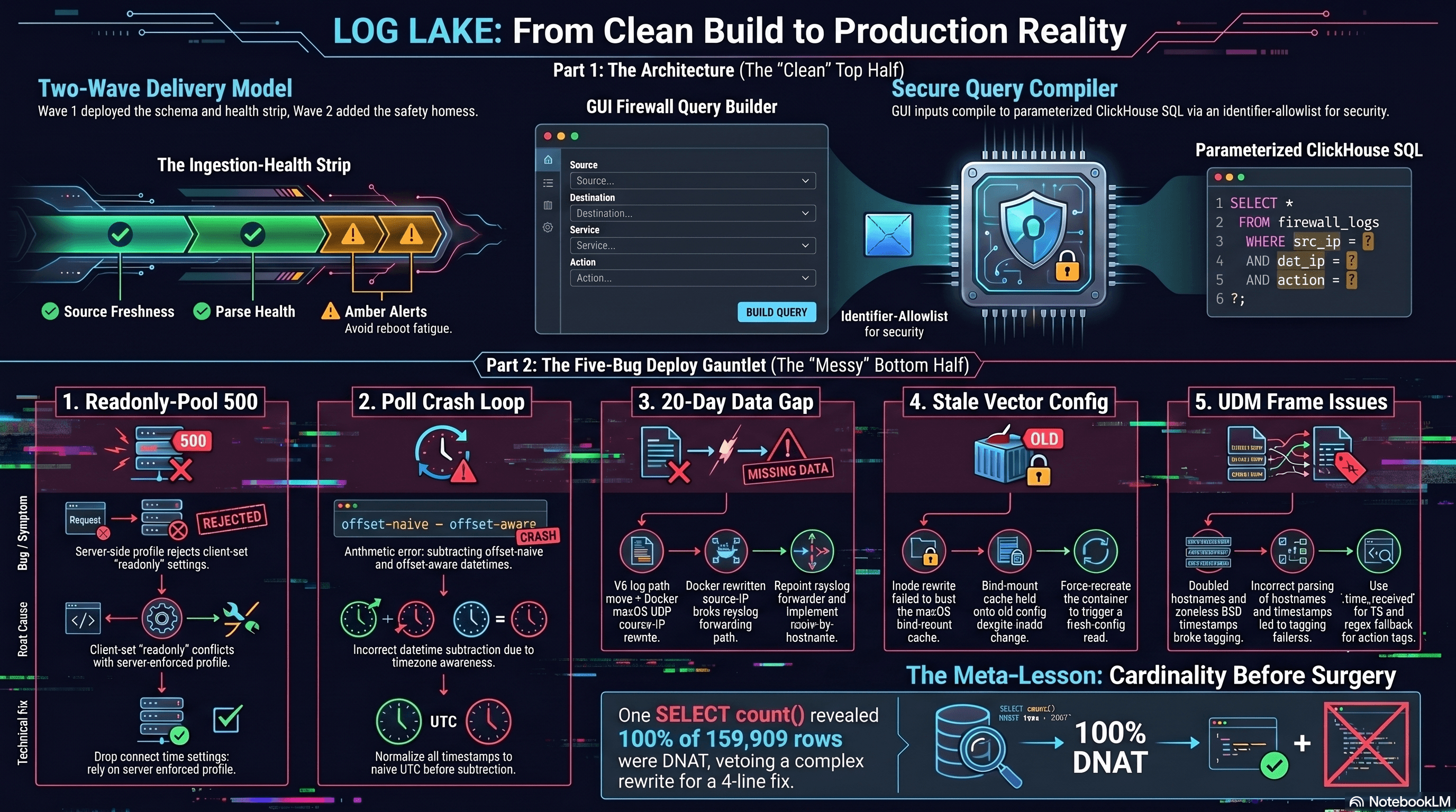 LOG LAKE panel build, branded NotebookLM infographic. Two halves. Top half is the clean architecture (ingestion-health strip, GUI query builder, identifier-allowlist compiler, parameterized ClickHouse SQL). Bottom half is the five-bug deploy gauntlet (readonly-pool 500, poll crash loop, 20-day Pi-hole gap, stale Vector config, UDM doubled-hostname frame). Closes with the meta-lesson, one SELECT count() that revealed 100% of 159,909 rows were DNAT and vetoed a complex rewrite in favor of a four-line MV recreation.