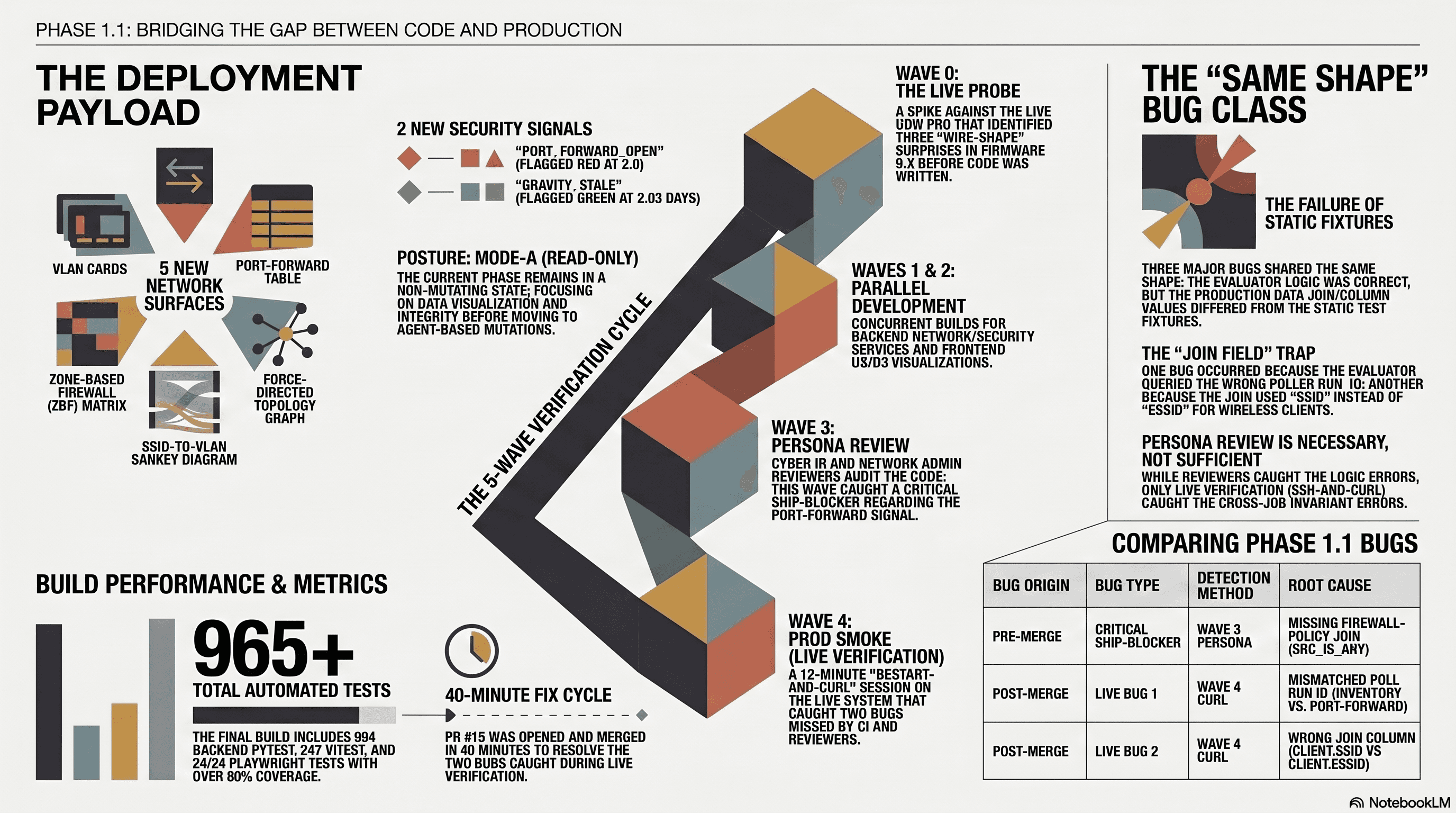 UDM v9+ deployment analysis infographic: Wave 0 wire-shape surprises, the 5-wave deployment funnel catching the CRITICAL ship-blocker, and the two post-merge silent-zero bugs caught by live in-session verification.