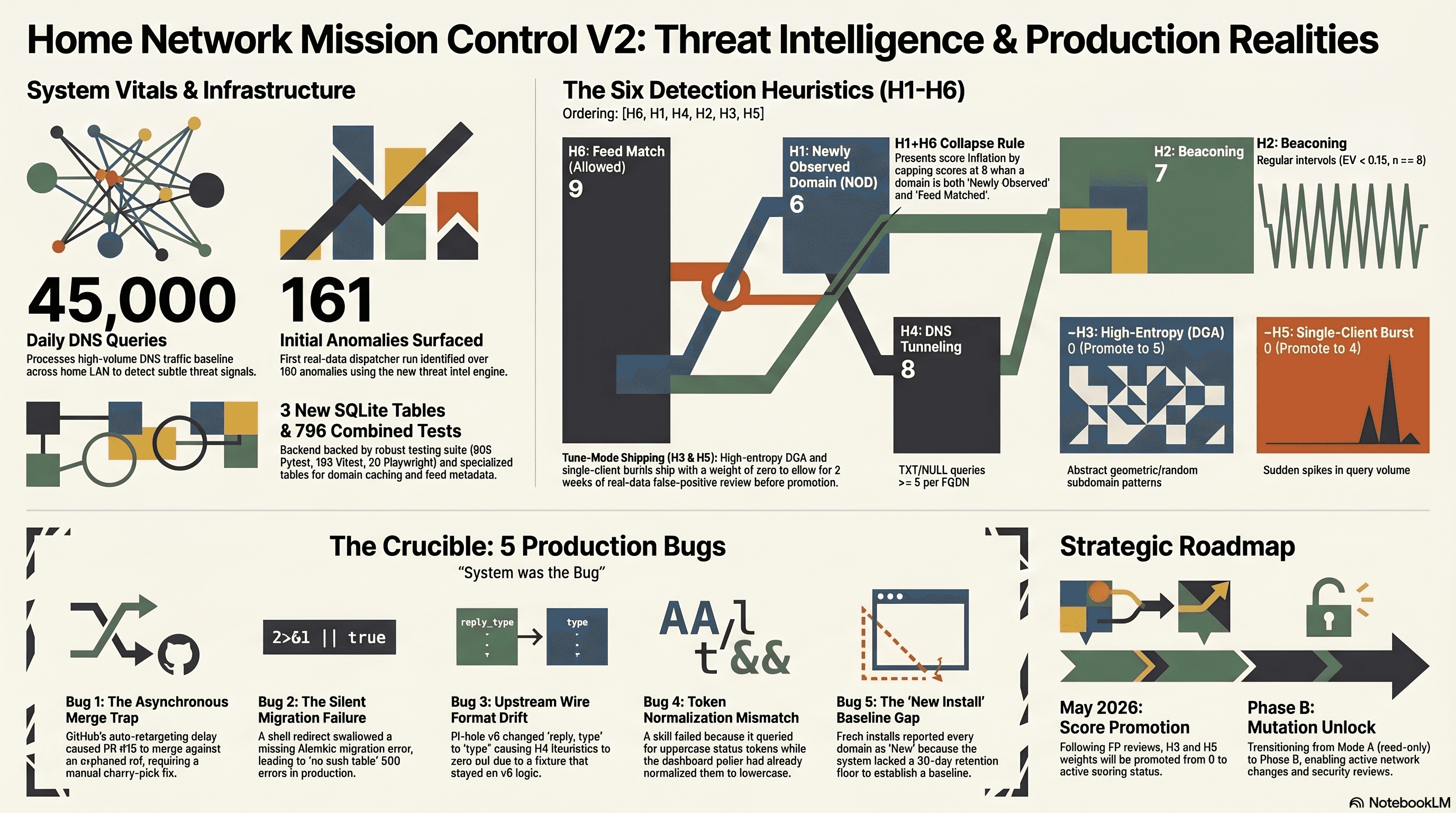 Visual summary of Home Network Mission Control V2: the THREAT INTEL tab as the marquee feature, six in-house heuristics, two free feeds, 161 anomalies surfaced on first real-data run, and the five post-merge bugs that only production caught.