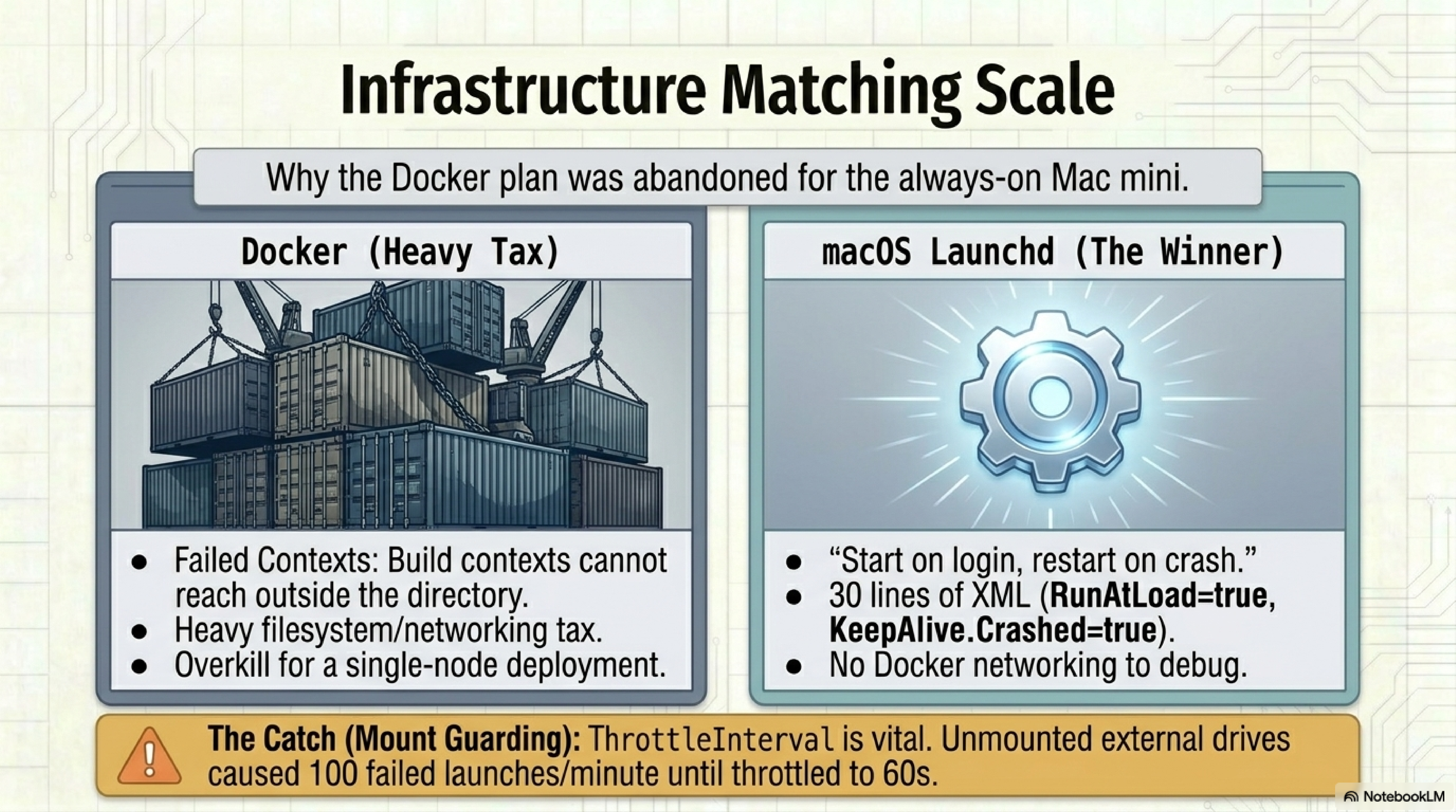 Docker versus macOS launchd comparison: Docker fails because build contexts can't reach outside the build directory and adds filesystem and networking tax for a single-node deploy. launchd wins with RunAtLoad, KeepAlive on crash, and 30 lines of XML per plist. ThrottleInterval matters: an unmounted external drive caused 100 failed launches per minute until throttled to 60 seconds.