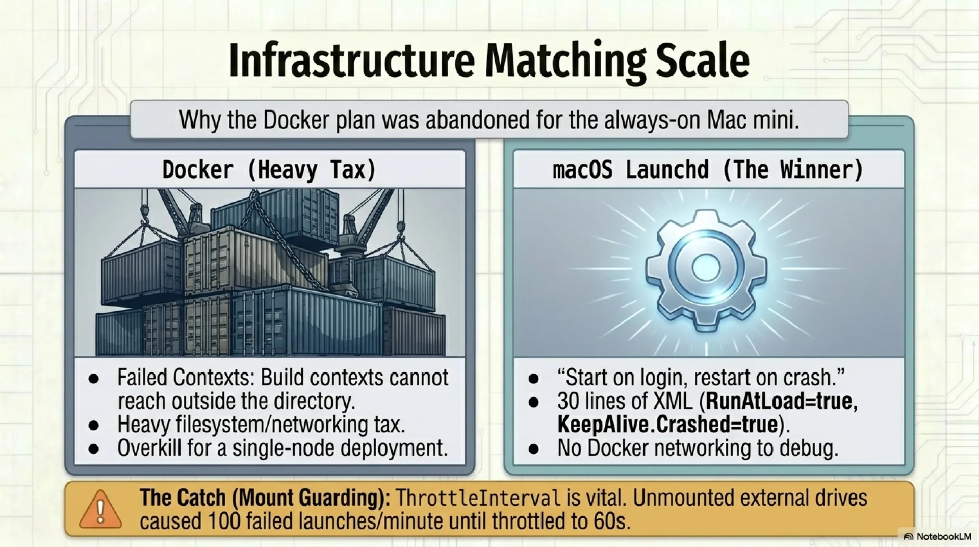 Docker versus macOS launchd comparison: Docker fails because build contexts can't reach outside the build directory and adds filesystem and networking tax for a single-node deploy. launchd wins with RunAtLoad, KeepAlive on crash, and 30 lines of XML per plist. ThrottleInterval matters: an unmounted external drive caused 100 failed launches per minute until throttled to 60 seconds.
