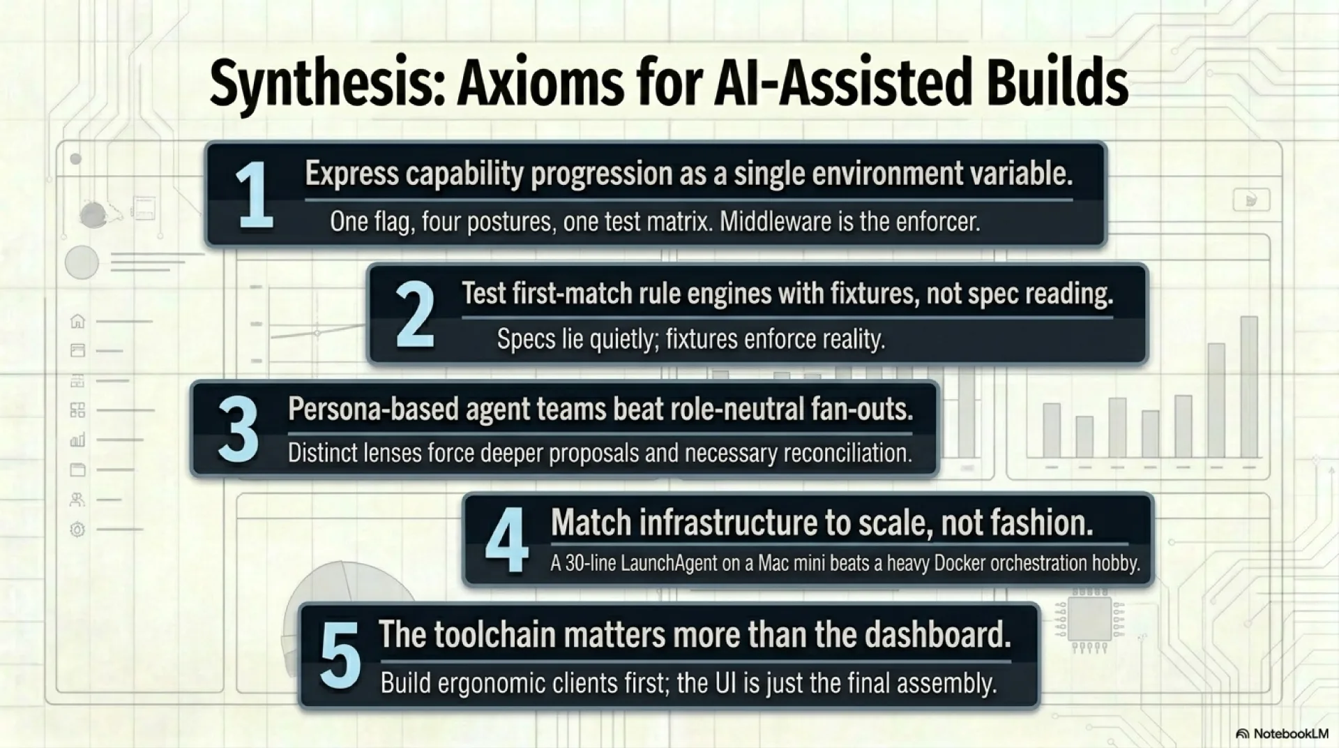 Five synthesis axioms for AI-assisted builds: express capability progression as a single env var, test first-match rule engines with fixtures not spec reading, persona-based agent teams beat role-neutral fan-outs, match infrastructure to scale not fashion, and the toolchain matters more than the dashboard.