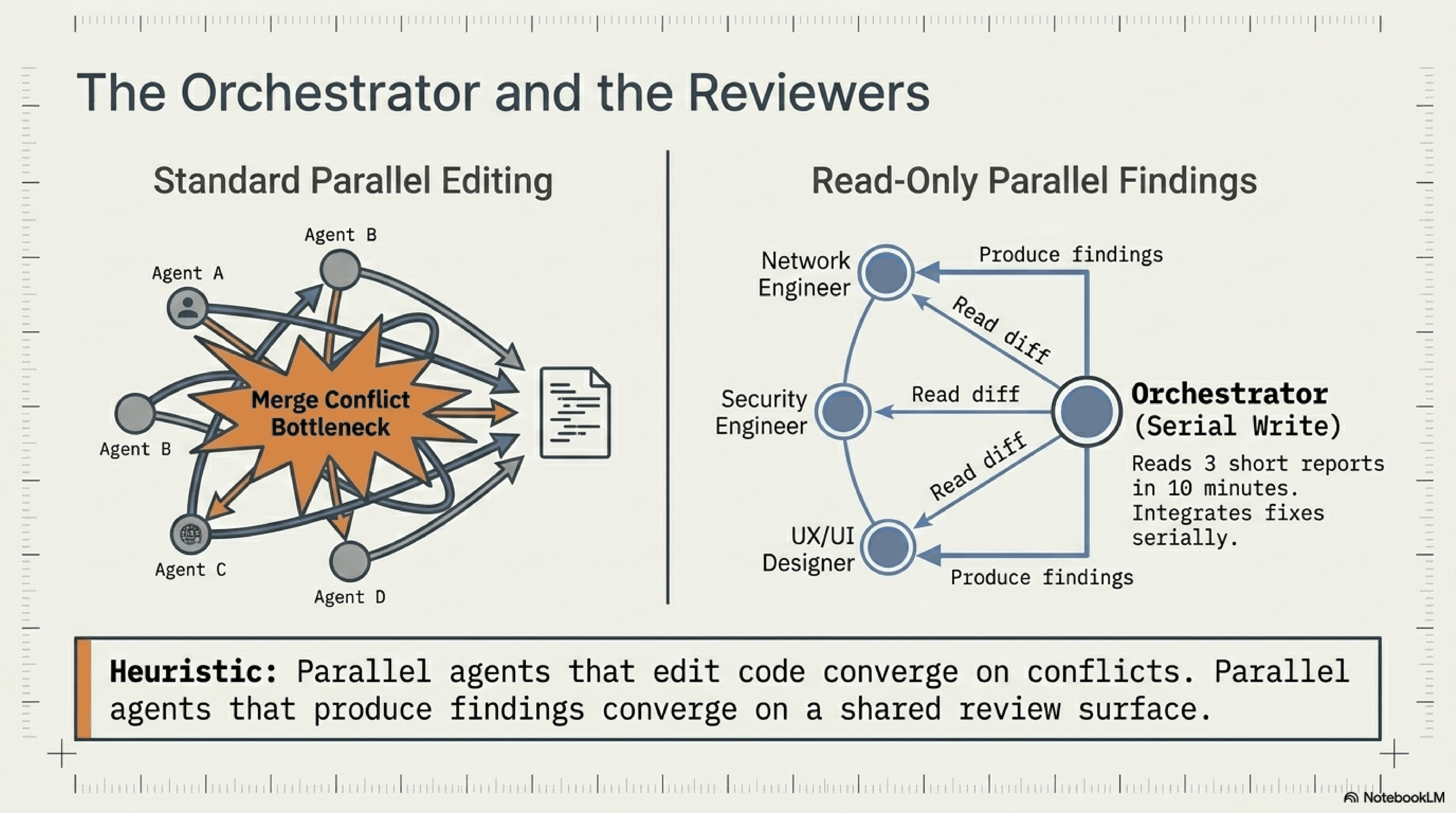 Diagram contrasting standard parallel editing (four agents A through D producing a merge conflict bottleneck) with read-only parallel findings (three reviewer agents producing findings while the orchestrator integrates serially).