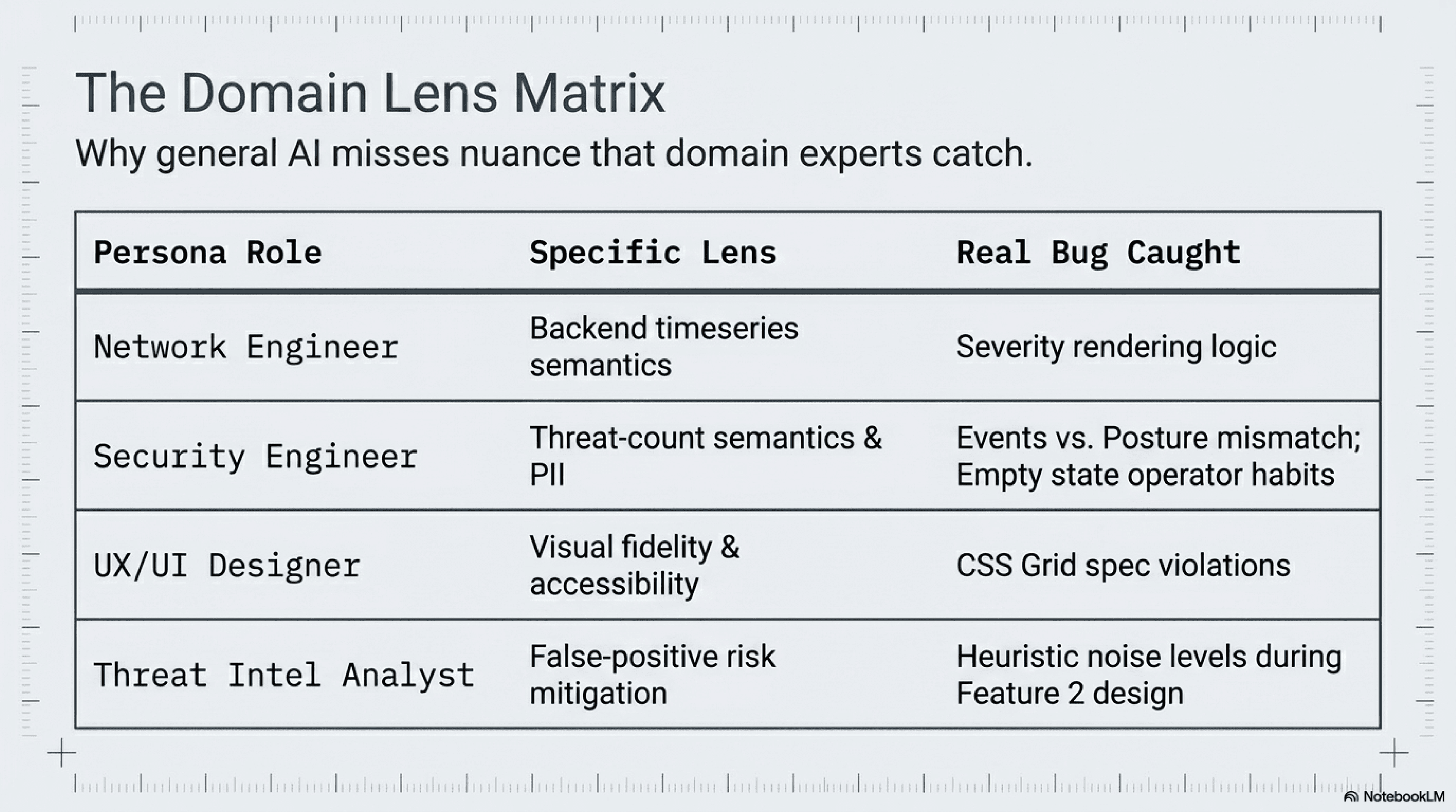 Domain lens matrix: a four-row table mapping each persona reviewer (Network Engineer, Security Engineer, UX/UI Designer, Threat Intel Analyst) to the lens they read the diff through and the specific bug each one caught.