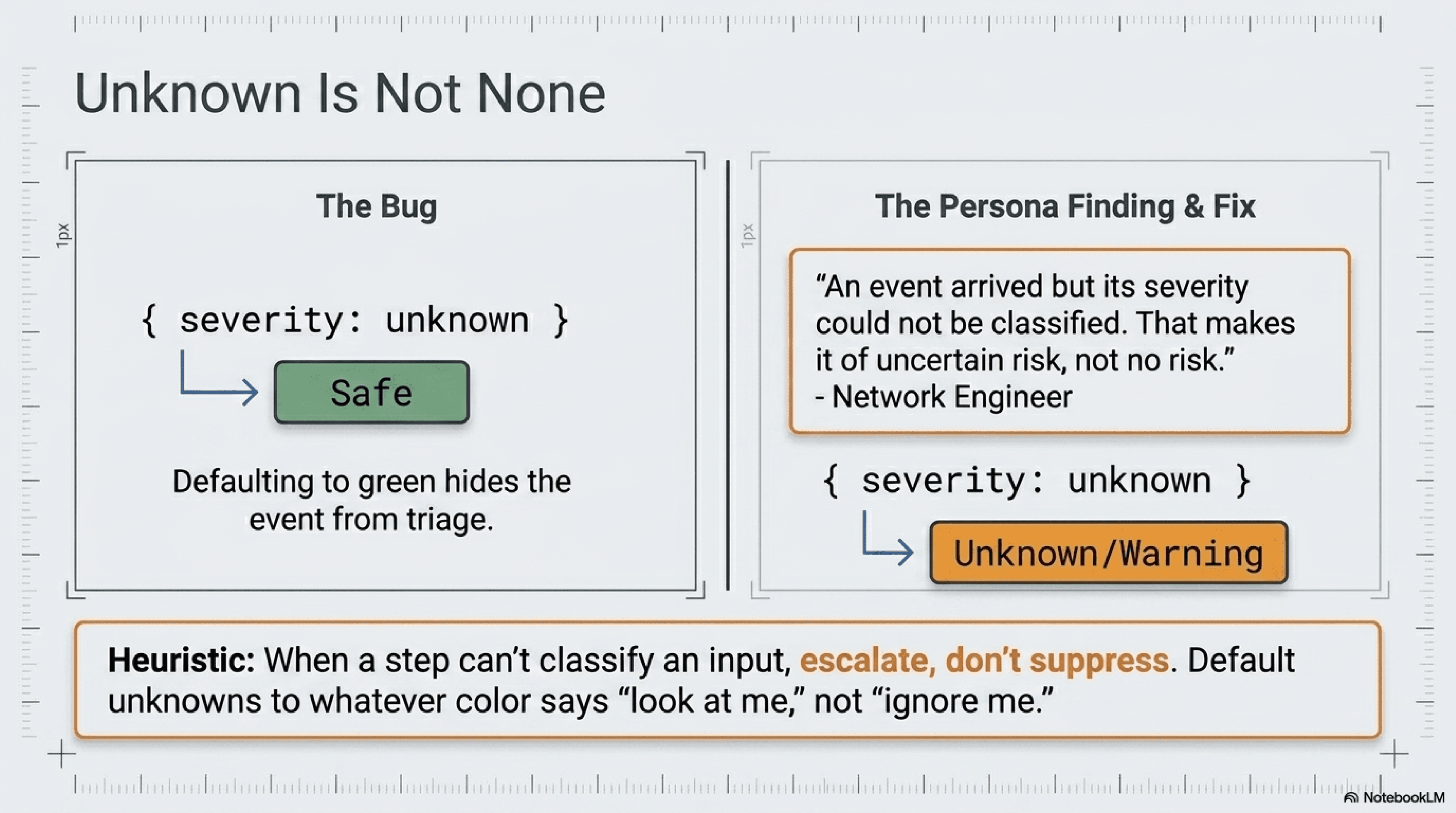Slide showing the severity-unknown bug and fix: the original code defaulted unknown severity to a 'safe' green badge, the Network Engineer's finding pushed it to amber so unclassified events still land in triage.