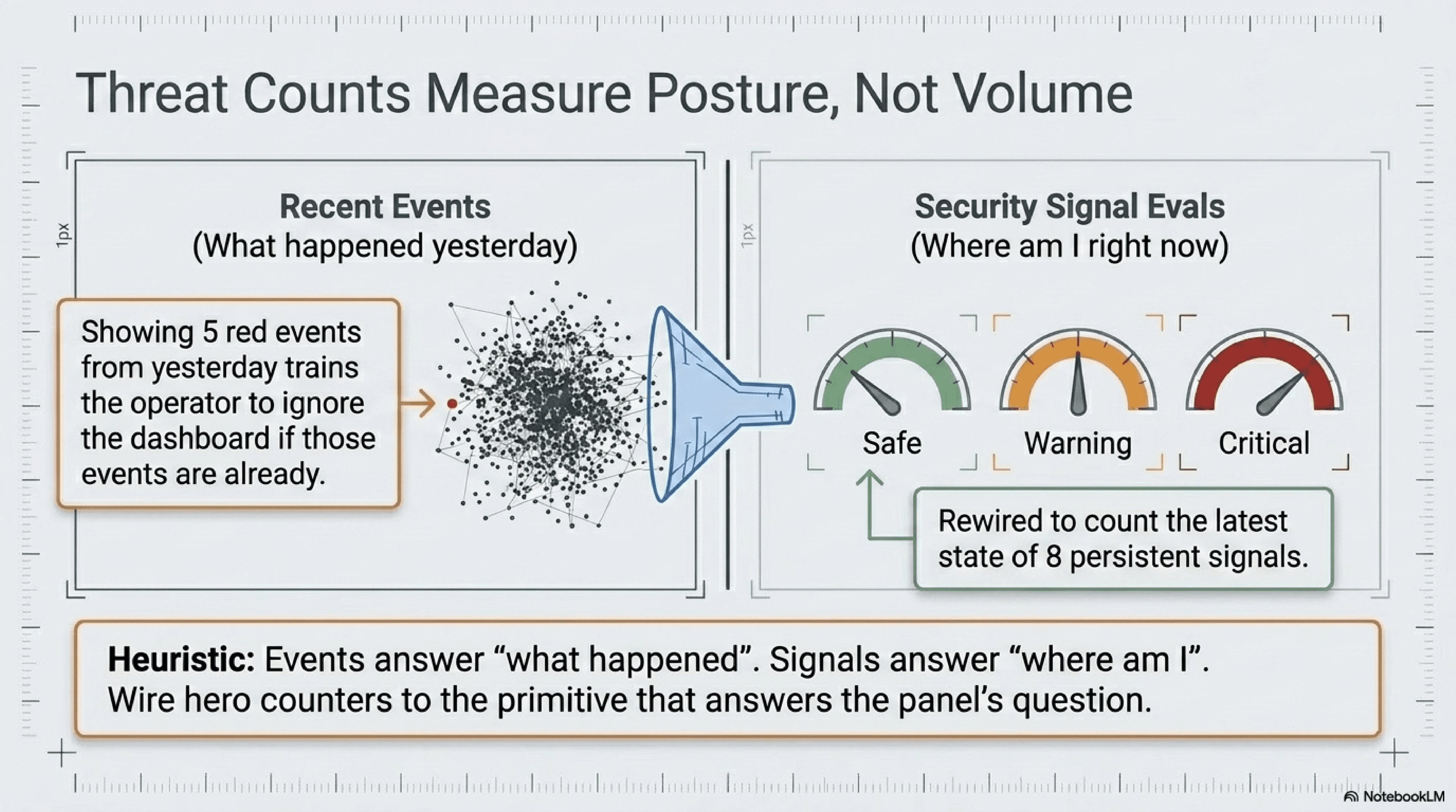 Slide contrasting recent events (a noisy scatter of yesterday's incidents) with security signal evals (three gauge dials showing the latest status of the eight persistent signals). The hero counter belongs on the right.