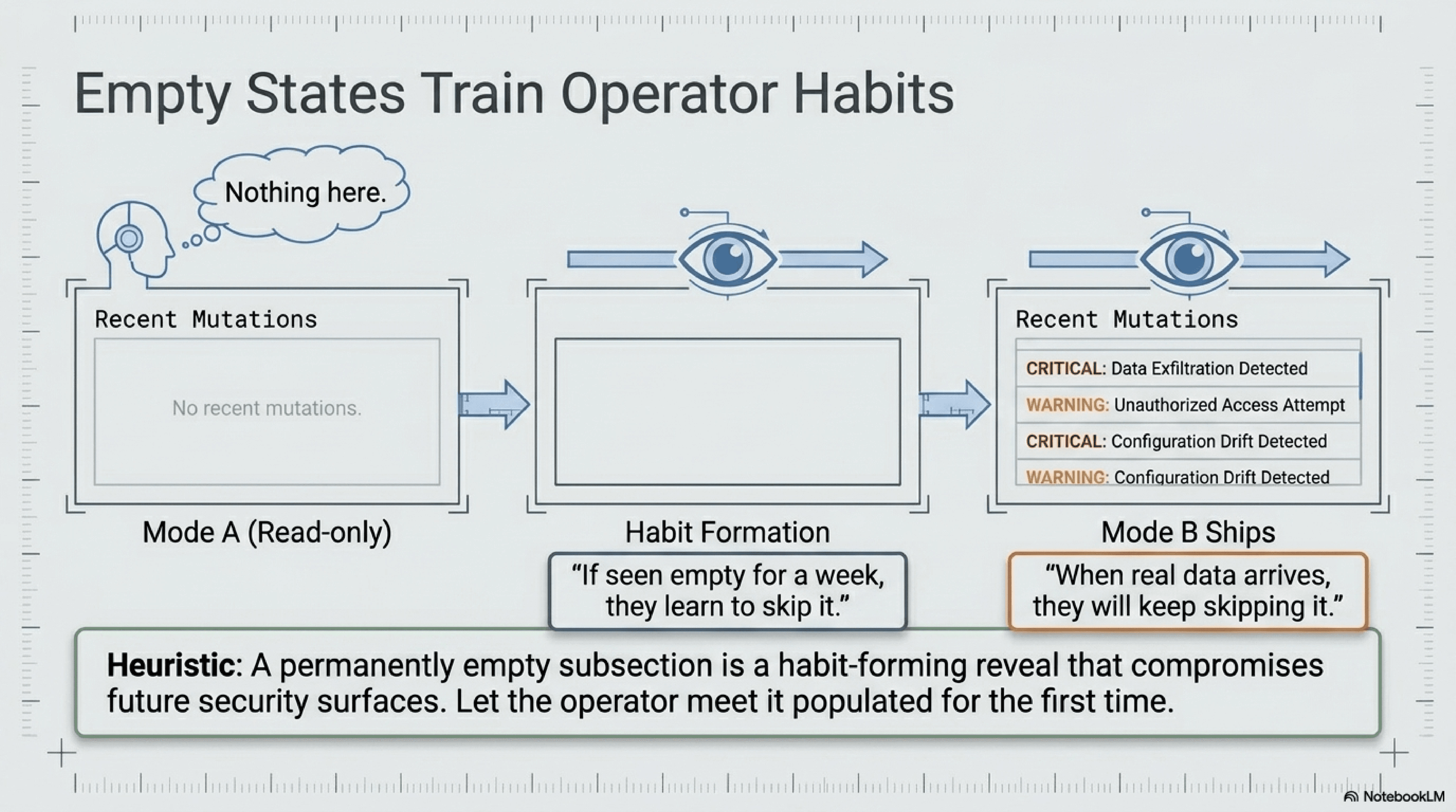 Slide showing the empty-state habit-formation flow: in mode A the RECENT MUTATIONS subsection renders empty every day, the operator learns to skip it, and when mode B ships with real content the operator keeps skipping it. Hide instead of empty.