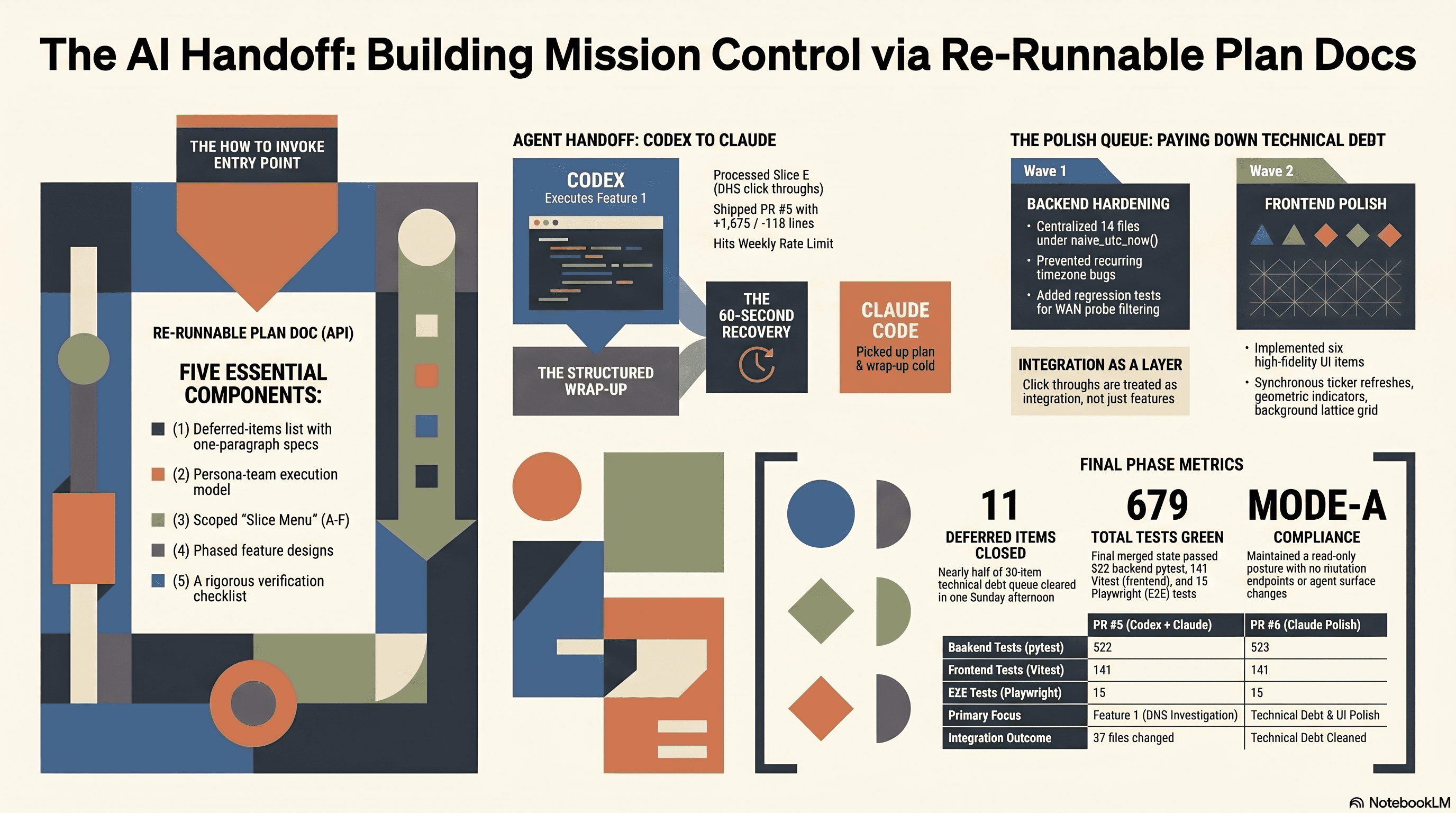 Visual summary of Home Network Mission Control Phase 3: a re-runnable plan doc as the contract between OpenAI Codex and Claude Code, two PRs merged same-day, eleven deferred items closed, three integration layers (software, tool, process).