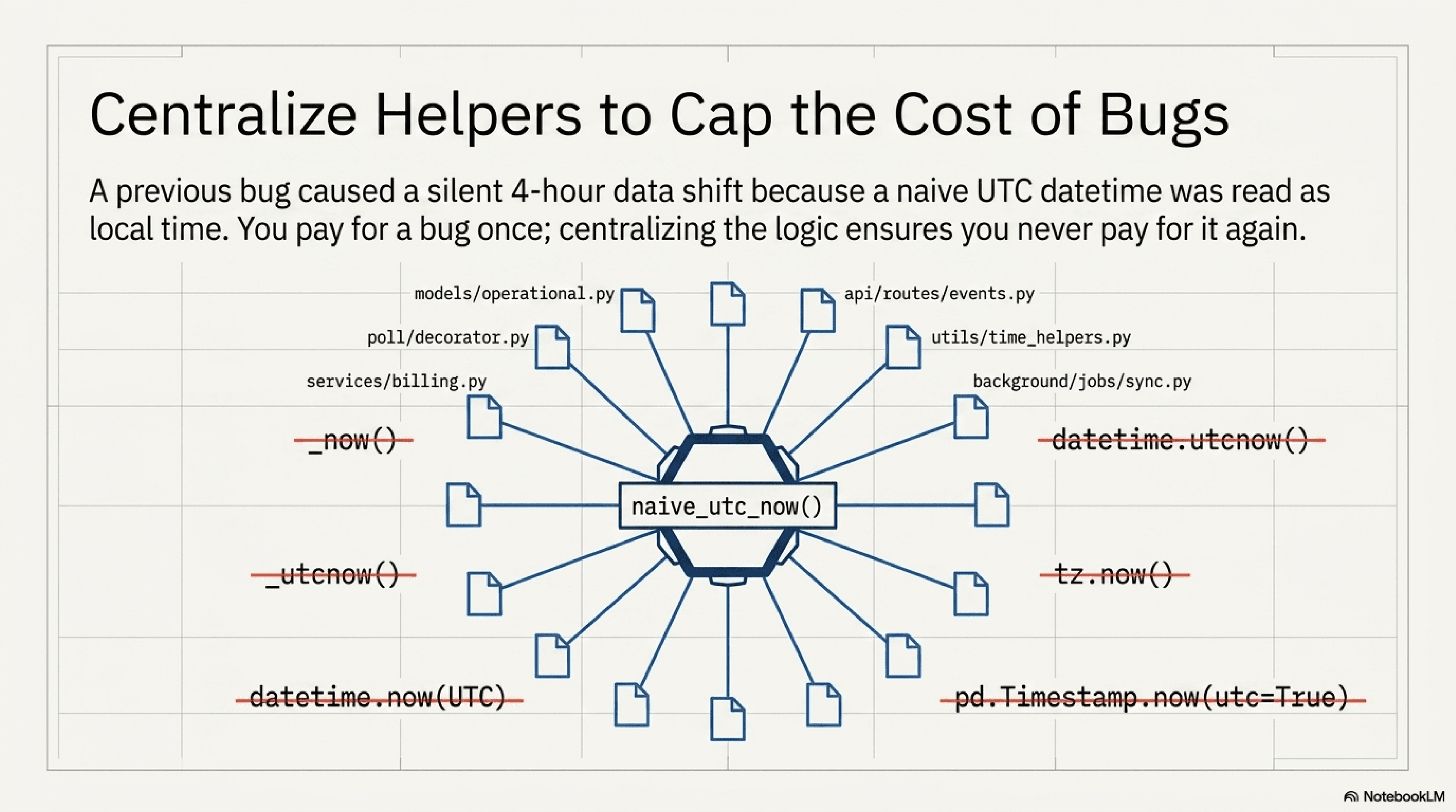 Centralize helpers to cap the cost of bugs: 14 backend files now converge on a single naive_utc_now() helper, replacing every prior datetime.now(), datetime.utcnow(), pd.Timestamp.now(utc=True), and inline UTC-strip pattern. Centralizing one helper makes the next TZ bug cost ten minutes instead of an afternoon.