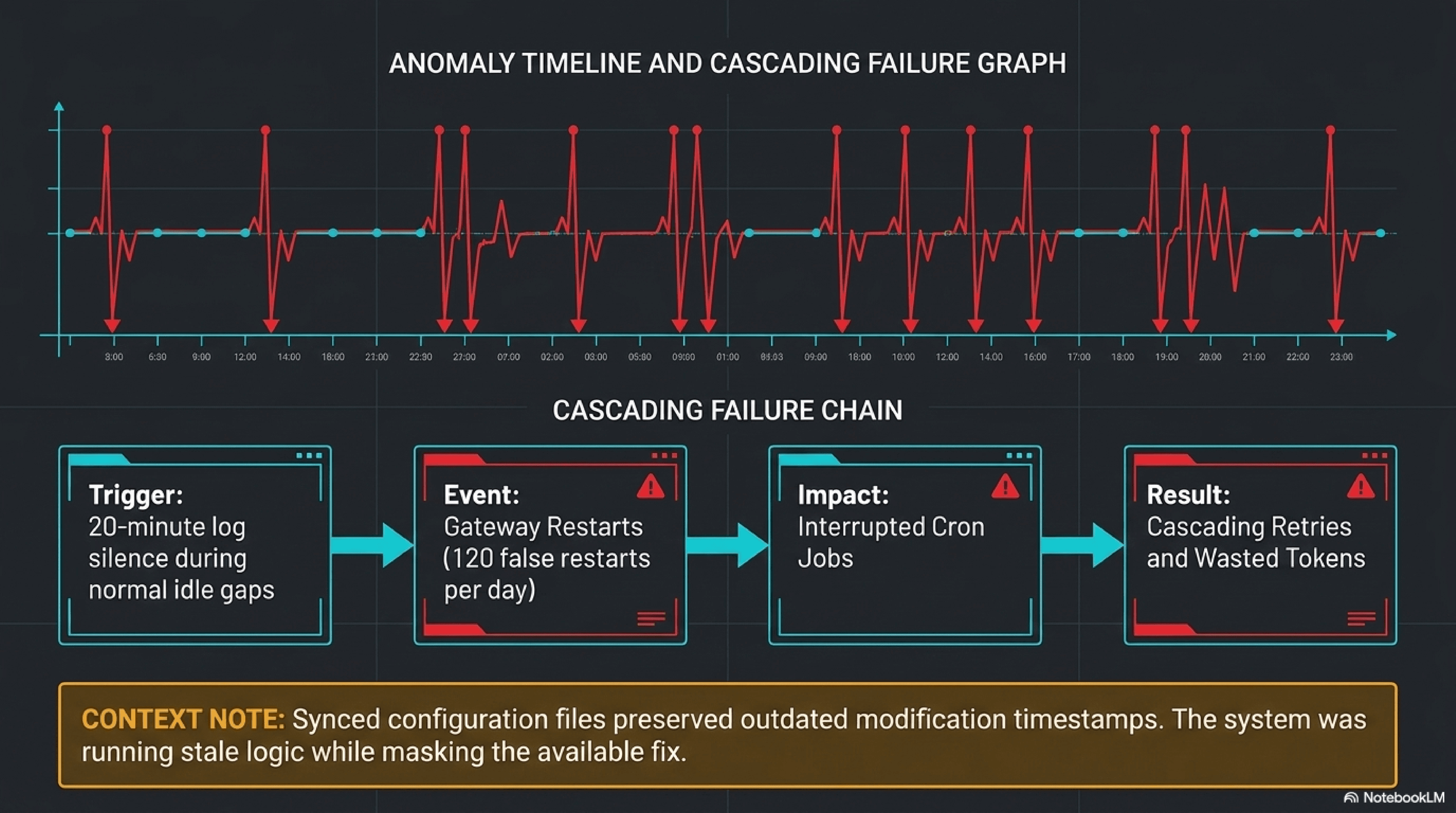 An anomaly timeline of repeated restart spikes above a four-step cascading failure chain. Step one, Trigger: 20-minute log silence during normal idle gaps. Step two, Event: gateway restarts at 120 false restarts per day. Step three, Impact: interrupted cron jobs. Step four, Result: cascading retries and wasted tokens. Context note: synced configuration files preserved outdated modification timestamps, so the system ran stale logic while masking the available fix.