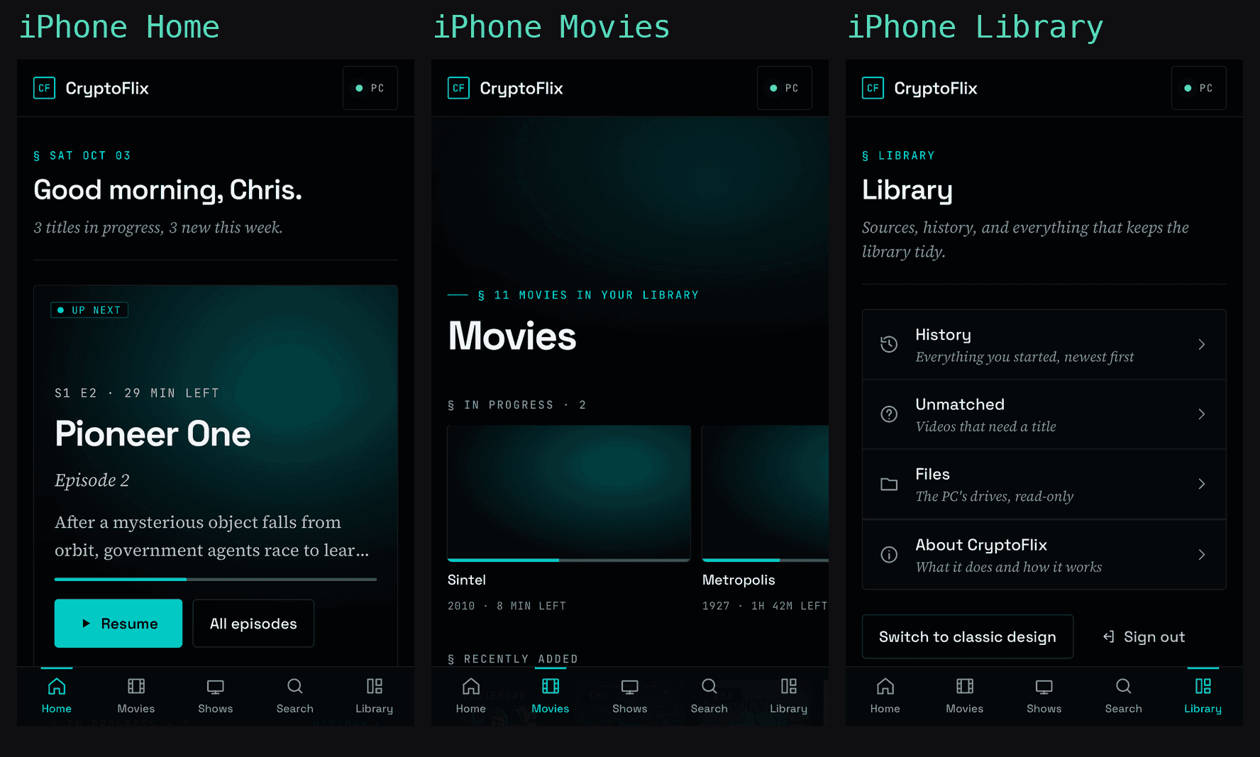 Three iPhone screens of CryptoFlix in the new design: Home with the Up next card, Movies with in-progress items, and the Library hub, each with the five-tab bar at the bottom. Demo library of openly licensed films.