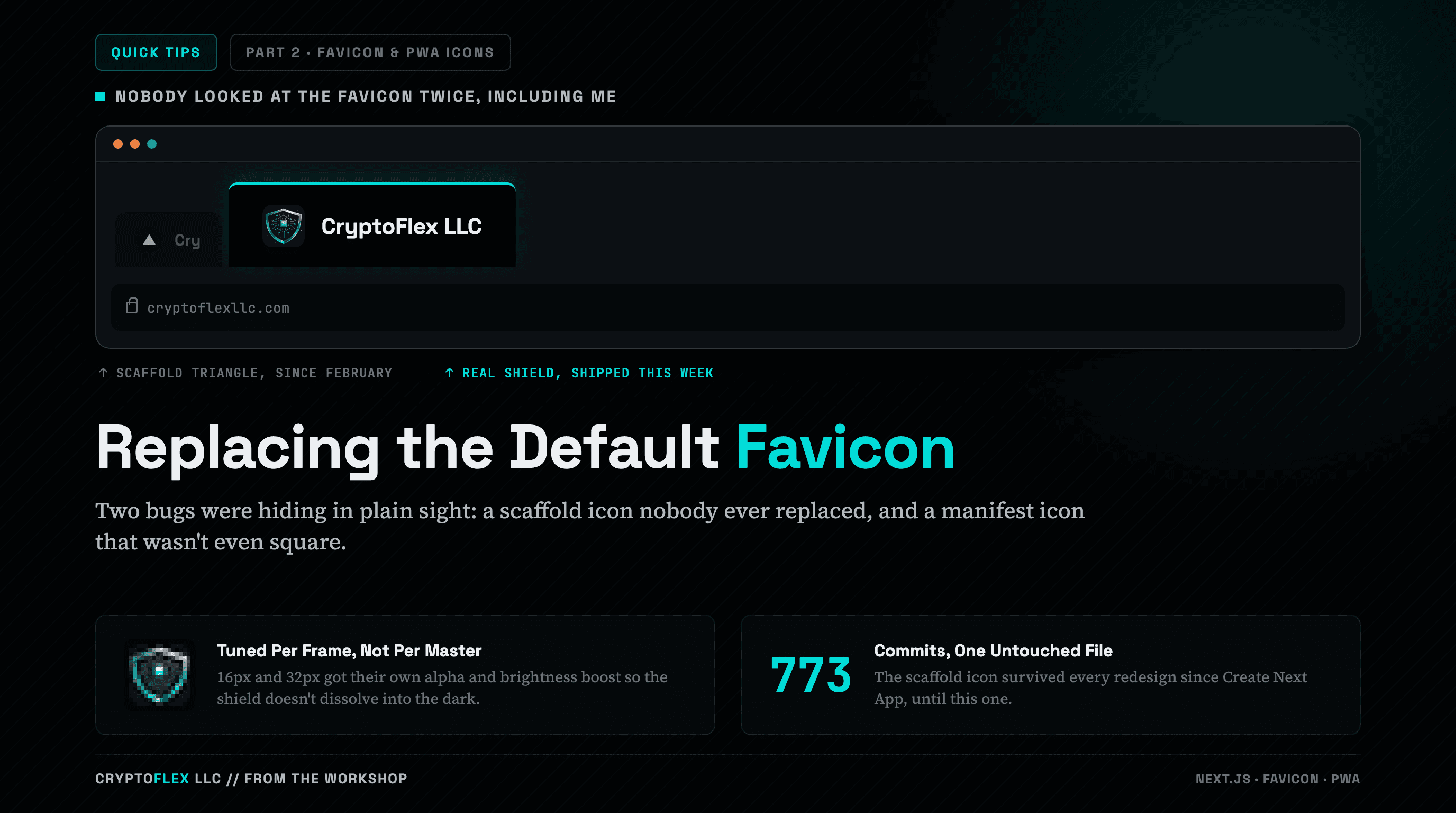 A dark browser chrome mockup fills most of the cover: a titlebar with three traffic-light dots sits above two tabs. The dim left tab reads Cry next to a plain white triangle in a black circle, the generic Next.js placeholder favicon. The bright active tab beside it, outlined in teal, reads CryptoFlex LLC next to the real teal circuit-shield icon, with an address bar below reading cryptoflexllc.com. Small captions under the tabs read scaffold triangle, since February and real shield, shipped this week. Below, the headline Replacing the Default Favicon (Favicon in teal) is followed by a line: Two bugs were hiding in plain sight, a scaffold icon nobody ever replaced, and a manifest icon that wasn't even square. Two callout cards sit at the bottom: one shows the real 16px favicon frame blown up pixel by pixel next to the text Tuned Per Frame, Not Per Master describing the alpha and brightness boost; the other shows the number 773 next to Commits, One Untouched File. A Quick Tips series chip and a Part 2, Favicon & PWA Icons chip sit in the header, and the footer reads Cryptoflex LLC, From The Workshop with Next.js, Favicon, PWA stack tags.