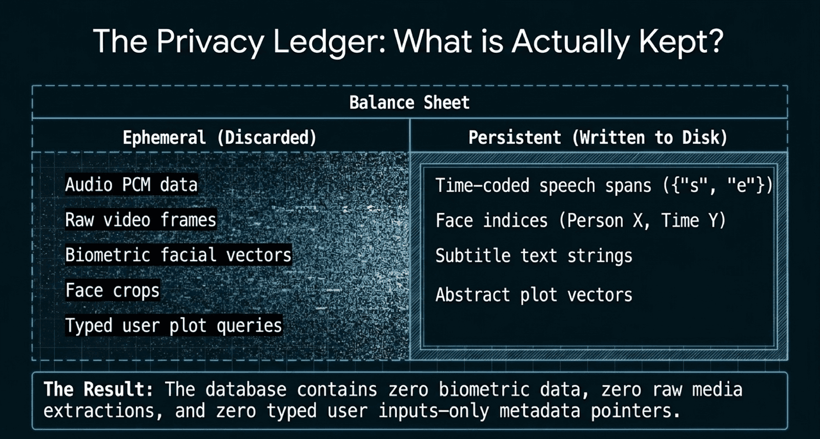 Privacy ledger comparing what is discarded (audio, video frames, face vectors, face crops, typed plot queries) with what is stored (speech spans, face indices, subtitle text, plot vectors). Recap text is also stored, which the slide omits.