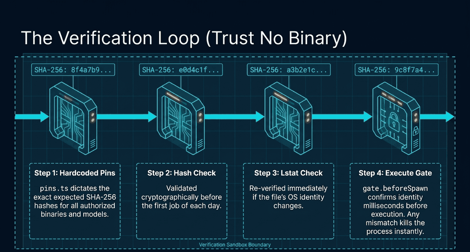 The verification loop in four gates: hardcoded pins, a daily hash check, an identity re-check, and a final gate right before spawning a tool. The SHA-256 chips are illustrative placeholders.