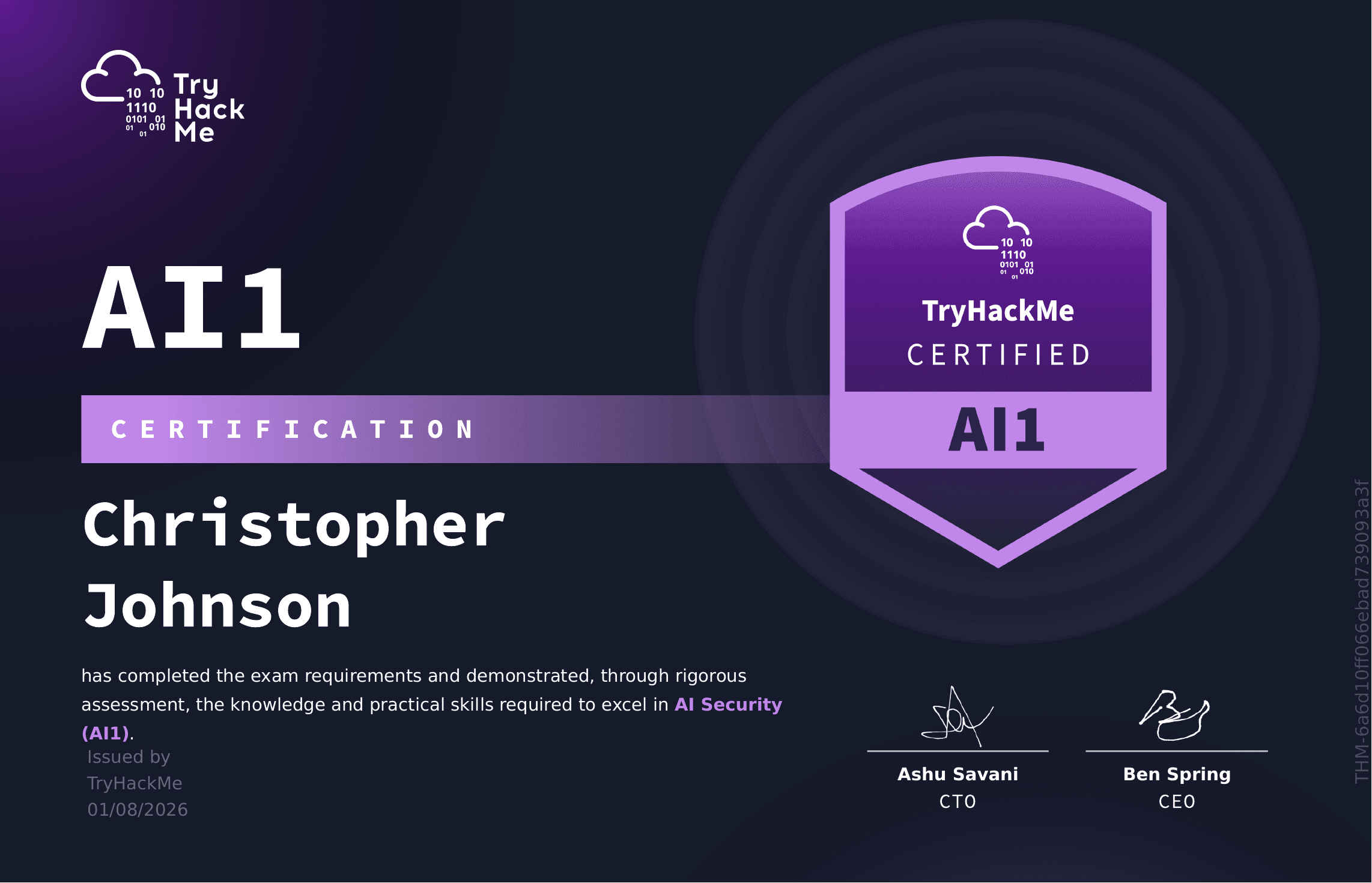 AI1 AI Security certification from TryHackMe