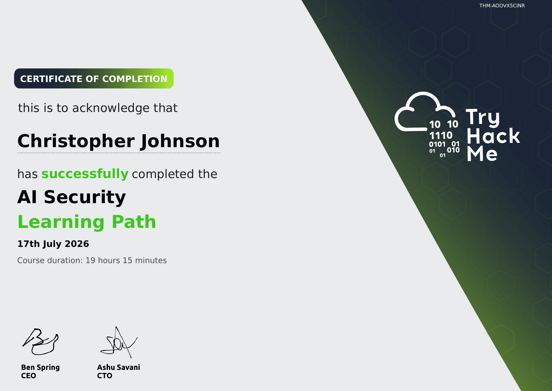 Learning path completion certificate for TryHackMe's AI Security learning path