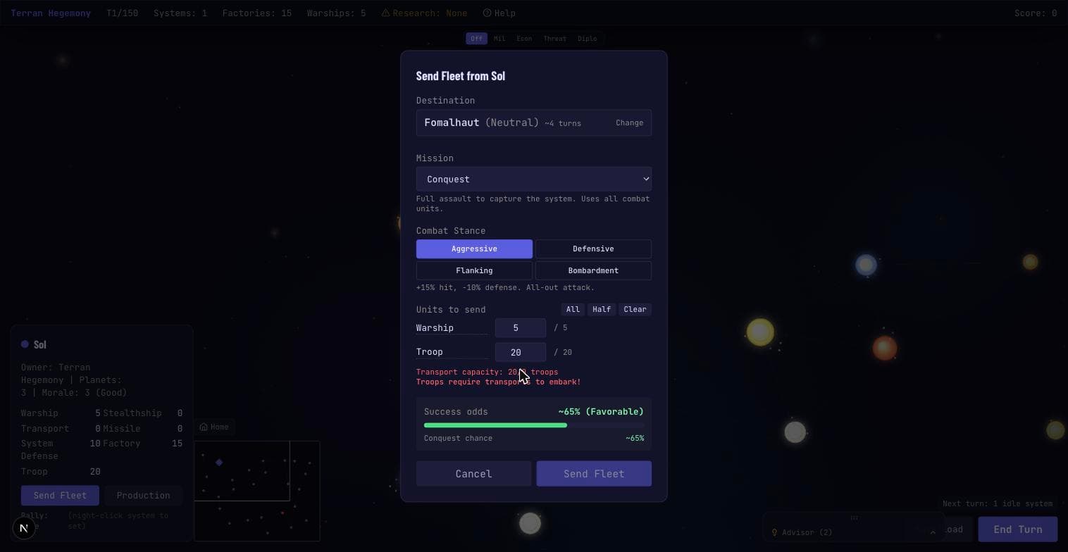 Send Fleet dialog showing a live success-odds bar reading roughly 65 percent Favorable, reflecting the combined effect of veterancy and supply-line combat modifiers
