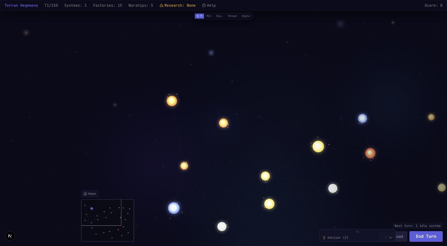 Fresh galaxy view showing the layered parallax starfield, soft nebula glows, and hyperlanes connecting star systems