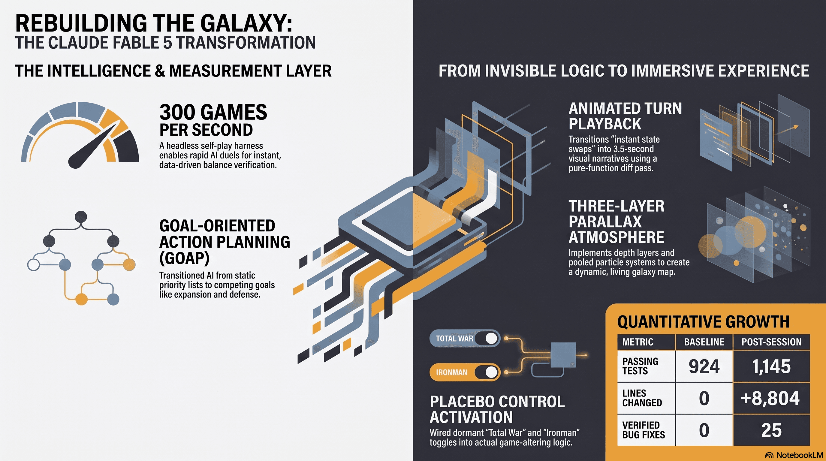 Rebuilding the Galaxy: The Claude Fable 5 Transformation. An intelligence and measurement layer (300 games-per-second self-play harness, Goal-Oriented Action Planning) feeds the shift from invisible logic to immersive experience: animated turn playback in a 3.5-second budget, a three-layer parallax atmosphere, placebo controls wired to real logic, and growth from 924 to 1,145 passing tests with 25 verified bug fixes