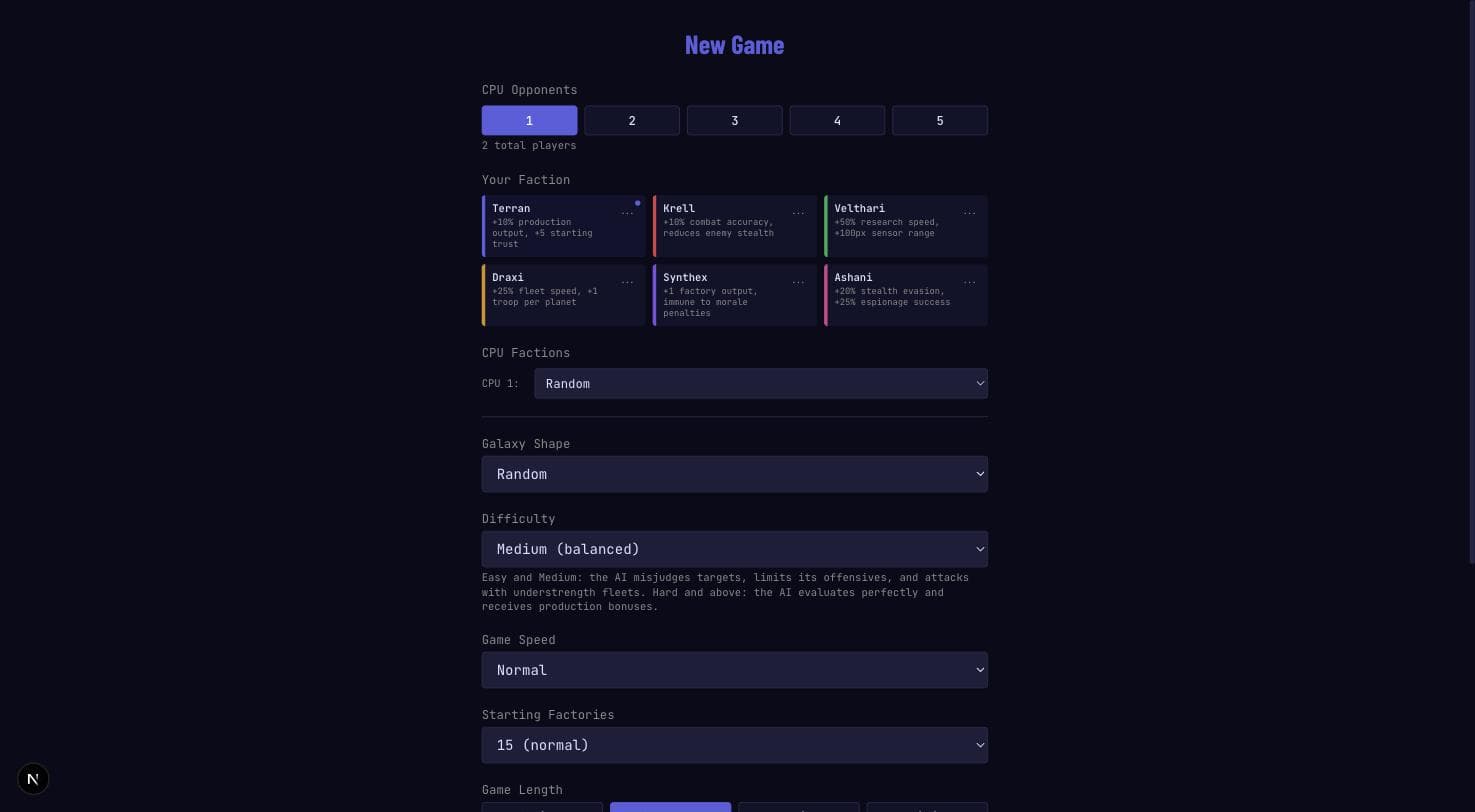 New game setup screen showing the six-faction picker (Terran, Krell, Velthari, Draxi, Synthex, Ashani) with per-faction bonuses, CPU opponent count, galaxy shape, and the new difficulty disclosure text explaining how each level behaves