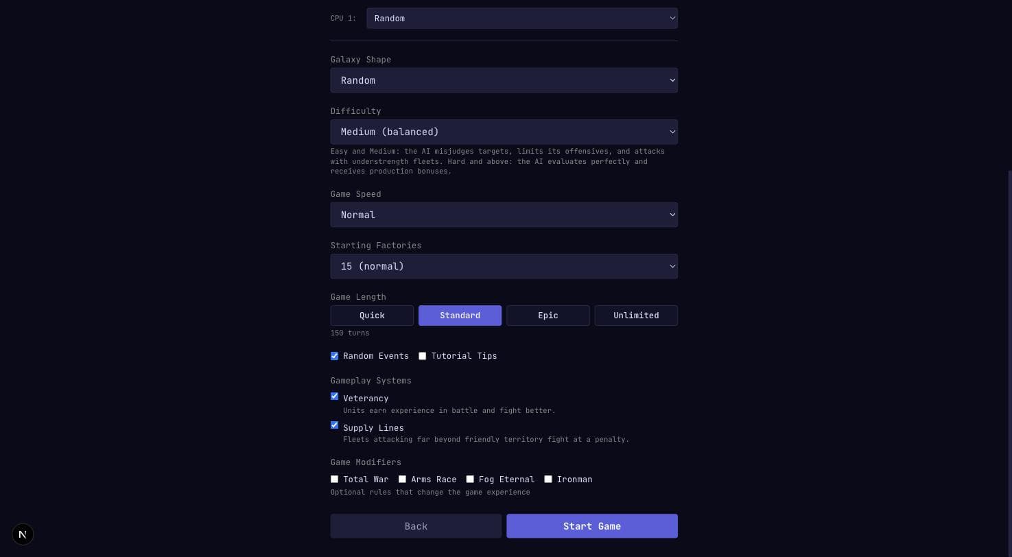 New game setup screen with Veterancy and Supply Lines checkboxes on by default, plus the Game Modifiers row for Total War, Arms Race, Fog Eternal, and Ironman, now all wired to real behavior