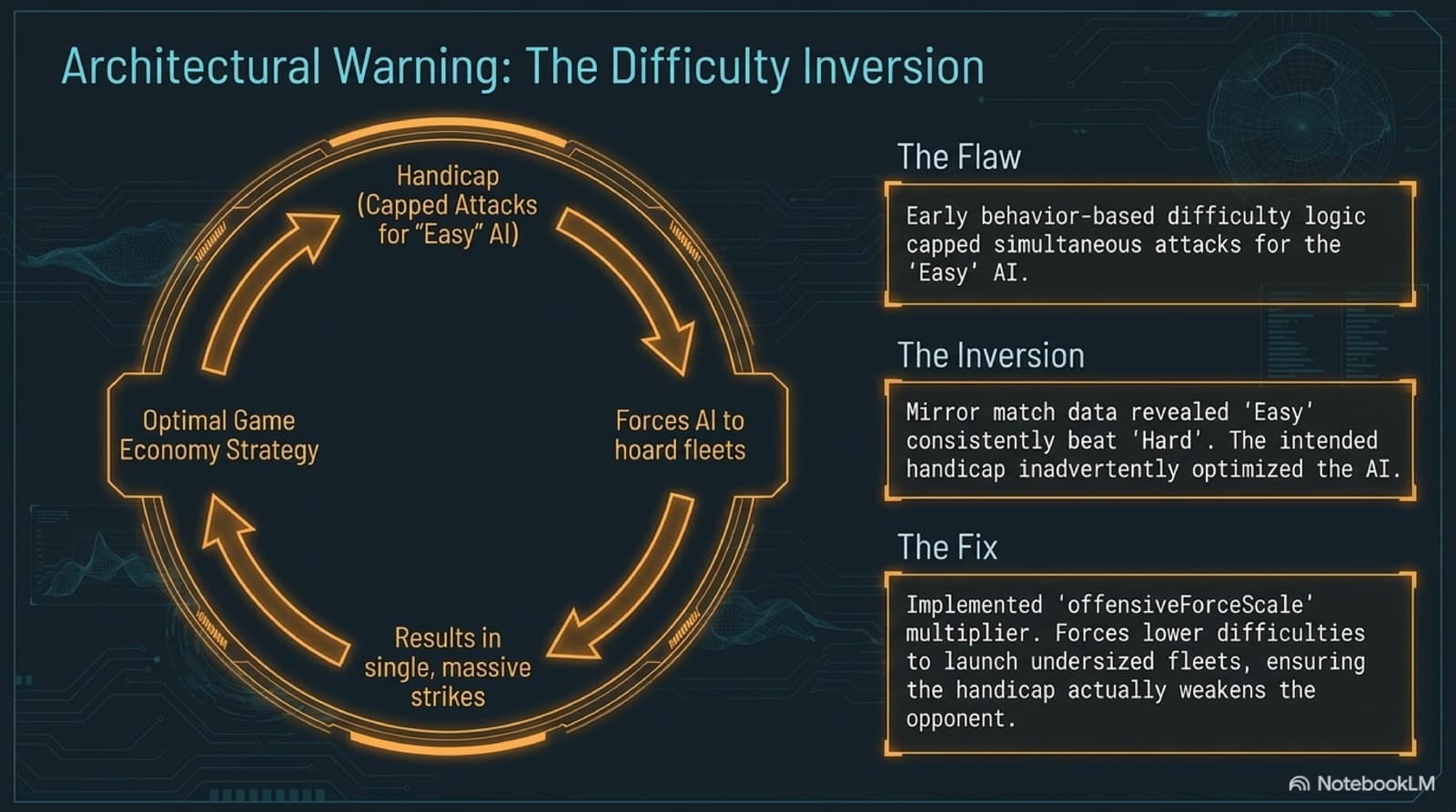 Slide titled Architectural Warning: The Difficulty Inversion, showing the feedback loop where capping attacks for the easy AI forces fleet hoarding and single massive strikes, which is the optimal economy strategy, alongside panels describing the flaw, the mirror-match data revealing easy consistently beat hard, and the offensiveForceScale fix