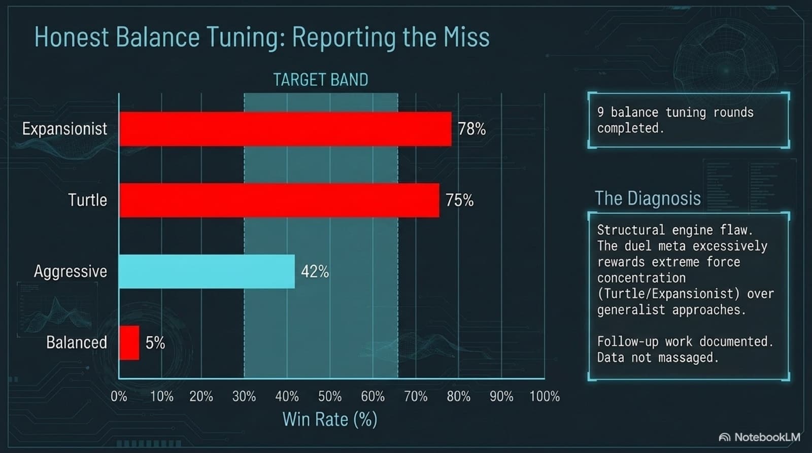 Slide charting the balance tuning miss: Expansionist at 78 percent and Turtle at 75 percent sit far above the shaded 30 to 65 percent target band while Balanced lands at 5 percent, with the diagnosis that the duel meta structurally rewards extreme force concentration and the note that the data was not massaged