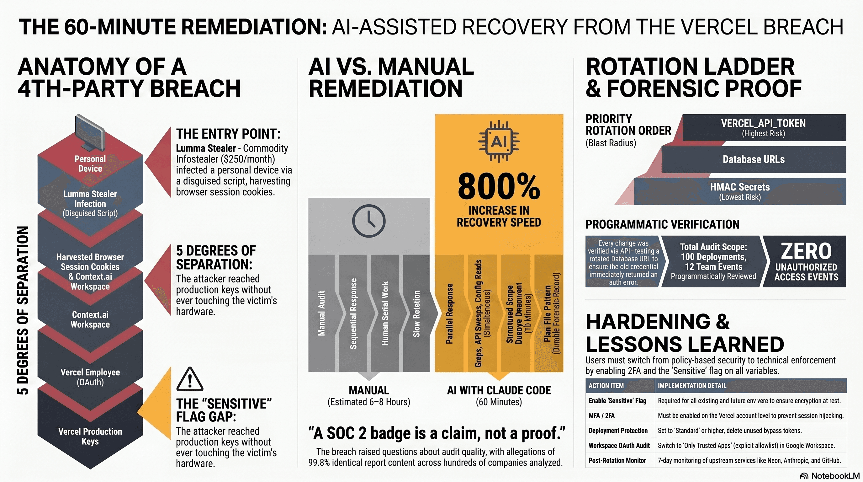AI-Assisted Security Remediation infographic summarizing the fourth-party Vercel breach chain, the 60-minute rotation ladder, and the Vercel plus Google Workspace hardening checklist.
