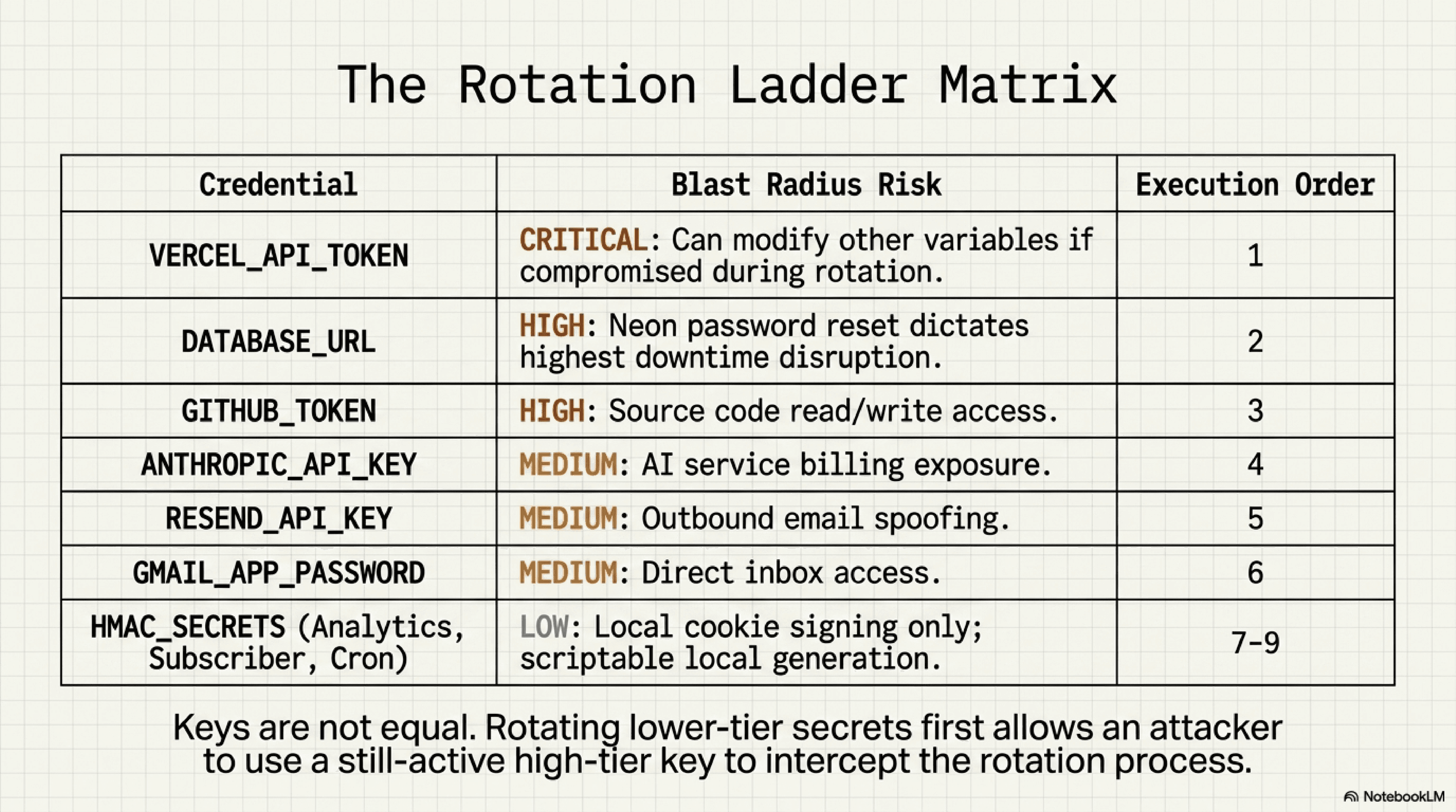 Slide: The Rotation Ladder Matrix. A seven-row table pairing each credential with its blast radius risk and execution order. VERCEL_API_TOKEN is flagged CRITICAL because it can modify other variables if compromised during rotation, execution order 1. DATABASE_URL is HIGH due to Neon password reset dictating highest downtime disruption, order 2. GITHUB_TOKEN is HIGH for source code read/write access, order 3. ANTHROPIC_API_KEY is MEDIUM for AI service billing exposure, order 4. RESEND_API_KEY is MEDIUM for outbound email spoofing, order 5. GMAIL_APP_PASSWORD is MEDIUM for direct inbox access, order 6. The three HMAC secrets (Analytics, Subscriber, Cron) are LOW because they are local cookie signing only and scriptable, orders 7 through 9. Footer: keys are not equal. Rotating lower-tier secrets first allows an attacker to use a still-active high-tier key to intercept the rotation process.