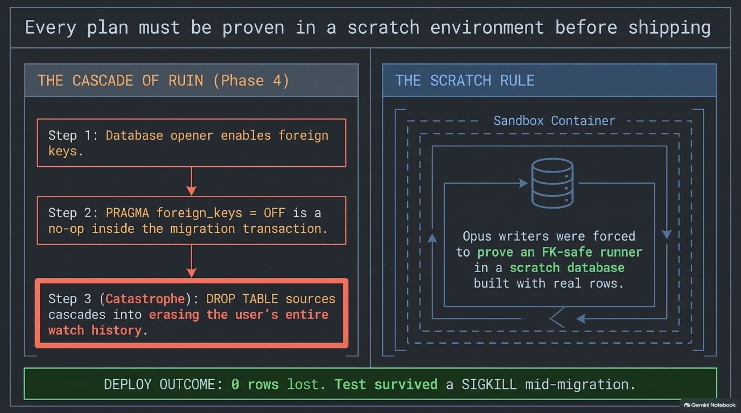 The Phase 4 cascade (foreign keys on, a no-op PRAGMA, DROP TABLE emptying watch history) and the scratch-database rule that caught it: 0 rows lost.