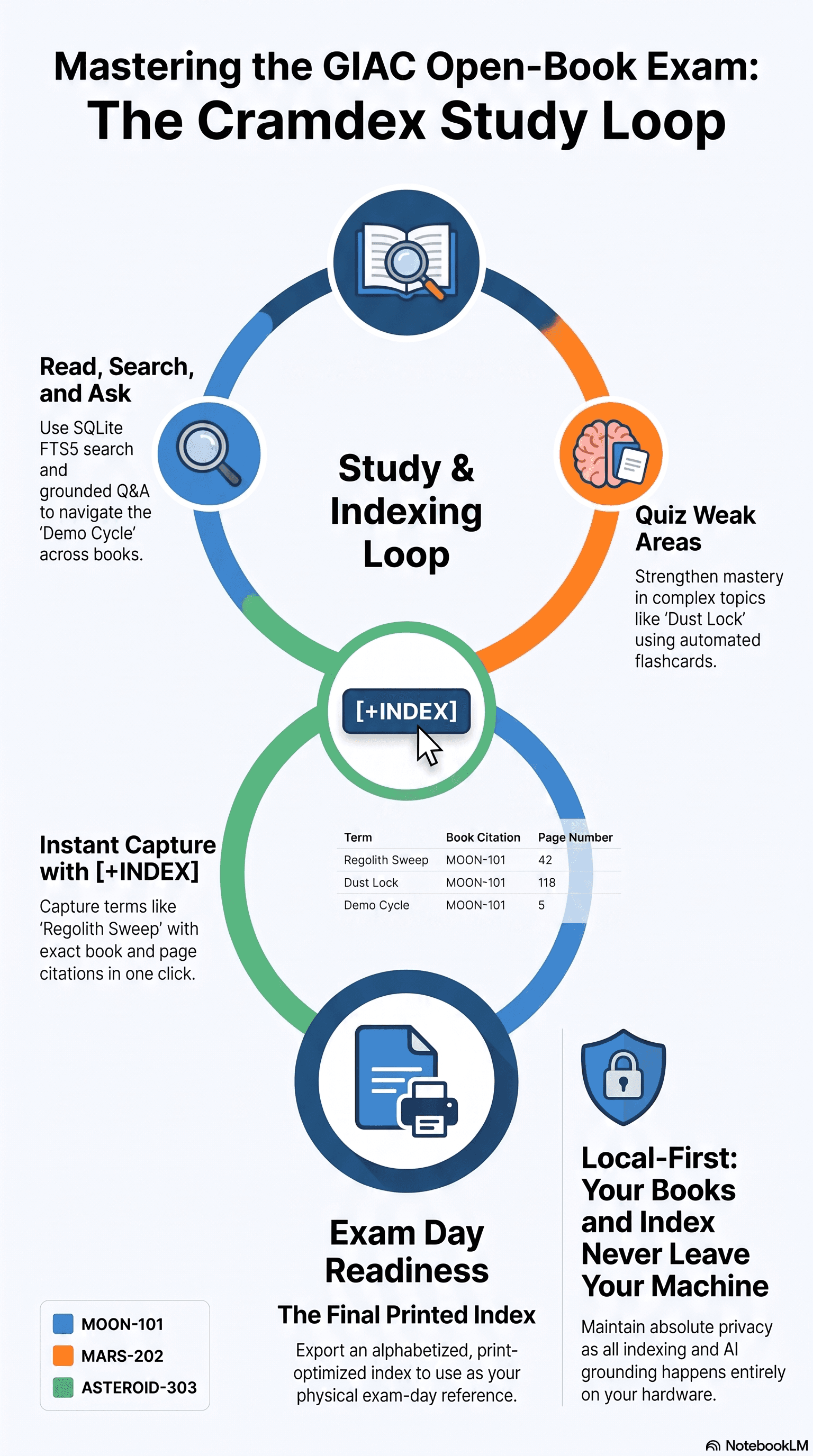 Infographic covering the GIAC open-book exam problem, the cramdex study loop of reading, searching, quizzing, and capturing citations, and the printed index it produces on exam day, illustrated with fictional MOON-101 course terms
